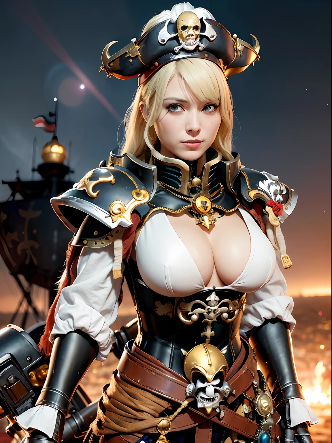 (masutepiece), Professional , masterpiece、top-quality、photos realistic , depth of fields (Gemstone Silver Metal Body:1.9),(Matte White、(Put on a detailed pirate hat)、Jewel Gold Weapon(Jewel Metal Body:1.4),(Gorgeous metal weapons) , Detailed Sword of the Brave , 20 year old girl ,Pirate Ship、warhammer 40k , The port town、adepta sororitas,Detail and ornate jewel crown、Black hair、Gangle's forest background、Young Caucasian beauty、1a person、dynamic ungle,(((a blond)))、Smaller head、A smile、Take a sexy pose、Thin and beautiful female hands、cleavage of the breast、Soldier in iron armor on background、A port city with a view of the sea、Pirate Ship,Luminescent particles,light scattering,Mystical expression of the Tindall effect、