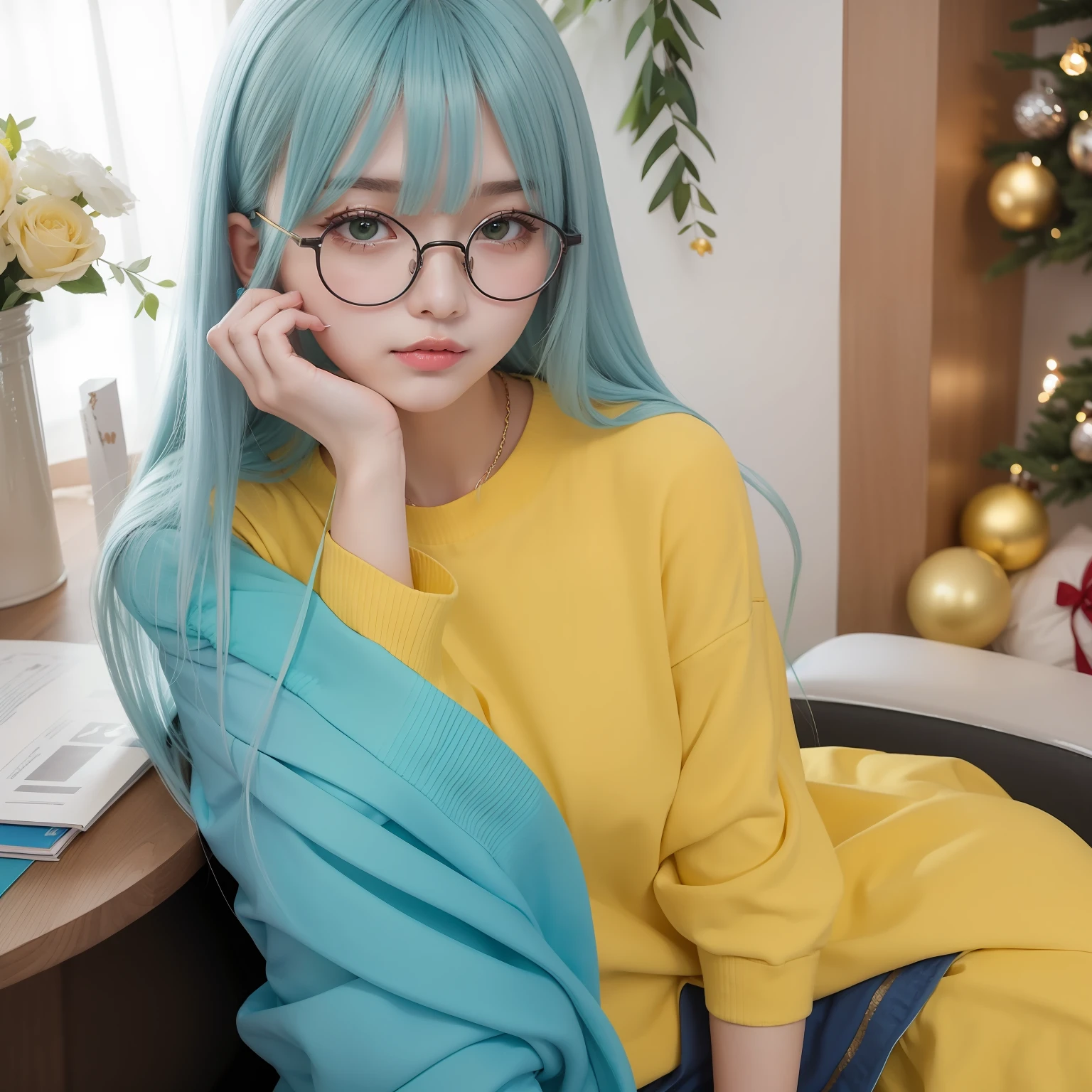 Long light yellowish blue hair,Plain yellow-blue matching clothes,There are green and reddish brown ornaments as embellishments,With black-framed glasses,She is a cute intellectual beautiful girl