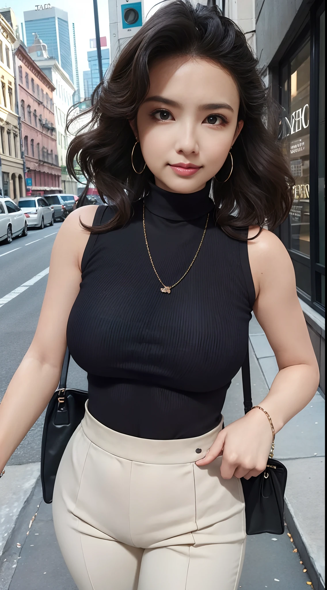 (masterpiece, best quality), beautiful woman, detailed sleeveless turtleneck top, pants, necklace, wavy hair, perfect face, beautiful face, alluring, big gorgeous eyes, open mouth, happy, perfect slim fit body, (outdoor), city streets, new york, bright colors