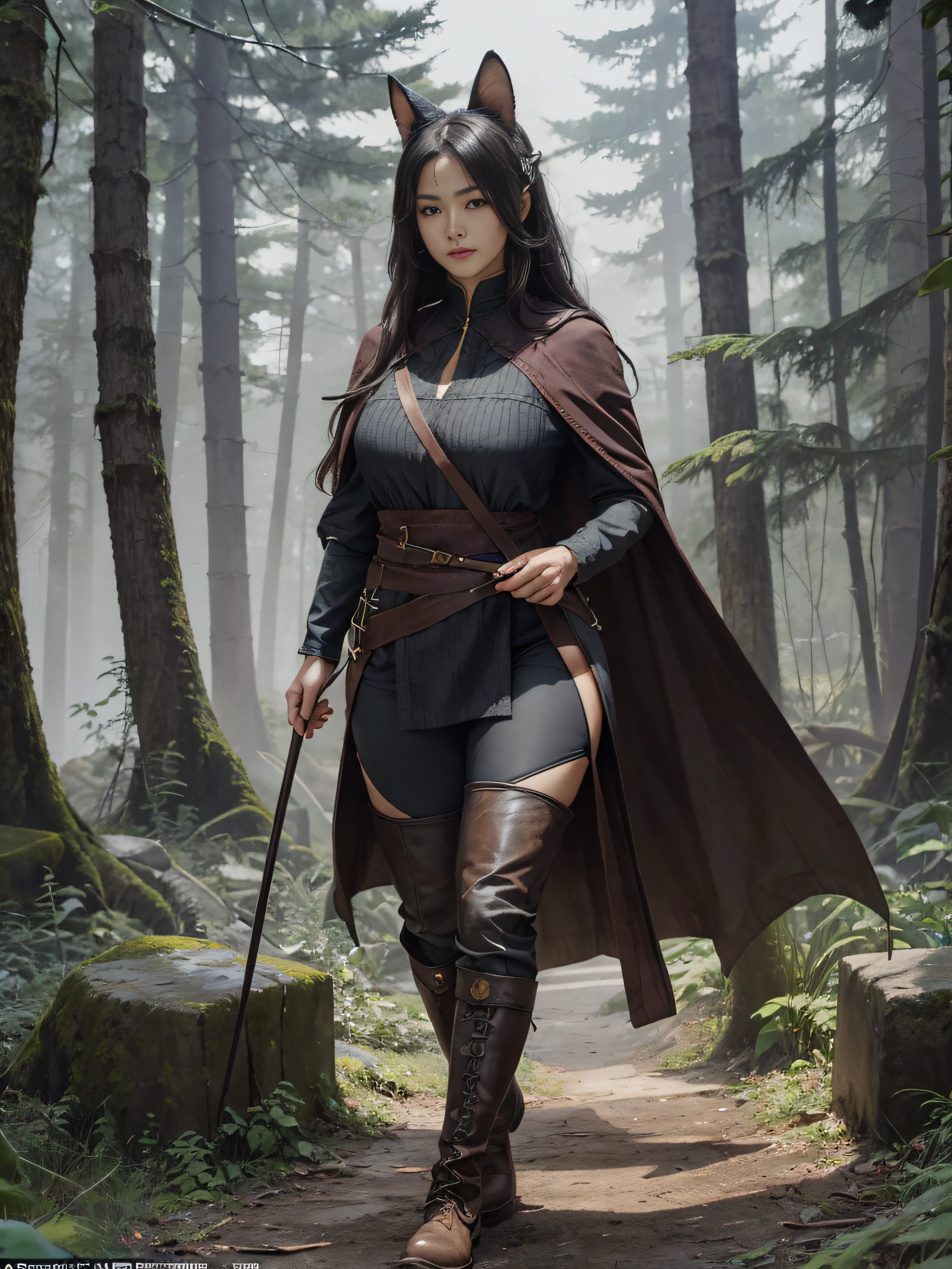 (illustratio), (Increase the resolution)(美丽细致的眼睛), (best qualtiy),(ultra - detailed), (tmasterpiece)(详细的脸),The tall,a matural female,Absolutely beautiful,The temperament of a queen,tmasterpiece,best qualityer,Full body illustration,Fine and detailed eyes and detailed face, garments:There are animal ears,Orc symbaroum,cruel grin,Ragged clothes on the upper body,Wrap the whole body,The lower body is wearing animal skin pants,Wear knee-length boots,Wide-mouthed boots,Over-the-knee stockings,Show off the look of your boots:Tall,Plump body,There are muscles,The stands up,Walking forward,(Wide buttock:1.4),(thick thight:1.6),long leges,Outdoor forest,As tall as a tree
