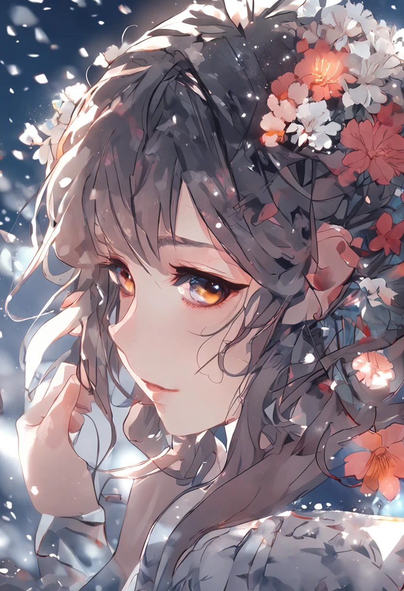 Anime girl with flowers in her hair looking at snow, anime girl profile, a beautiful anime portrait, Guviz-style artwork, Guviz, Stunning anime face portrait, Beautiful anime face, anime girl portrait profile, detailed portrait of an anime girl, Beautiful anime girl, Beautiful anime, Beautiful anime artwork, portrait anime girl, Anime art wallpaper 4k,9,9 emoji packs,9 poses and expressions