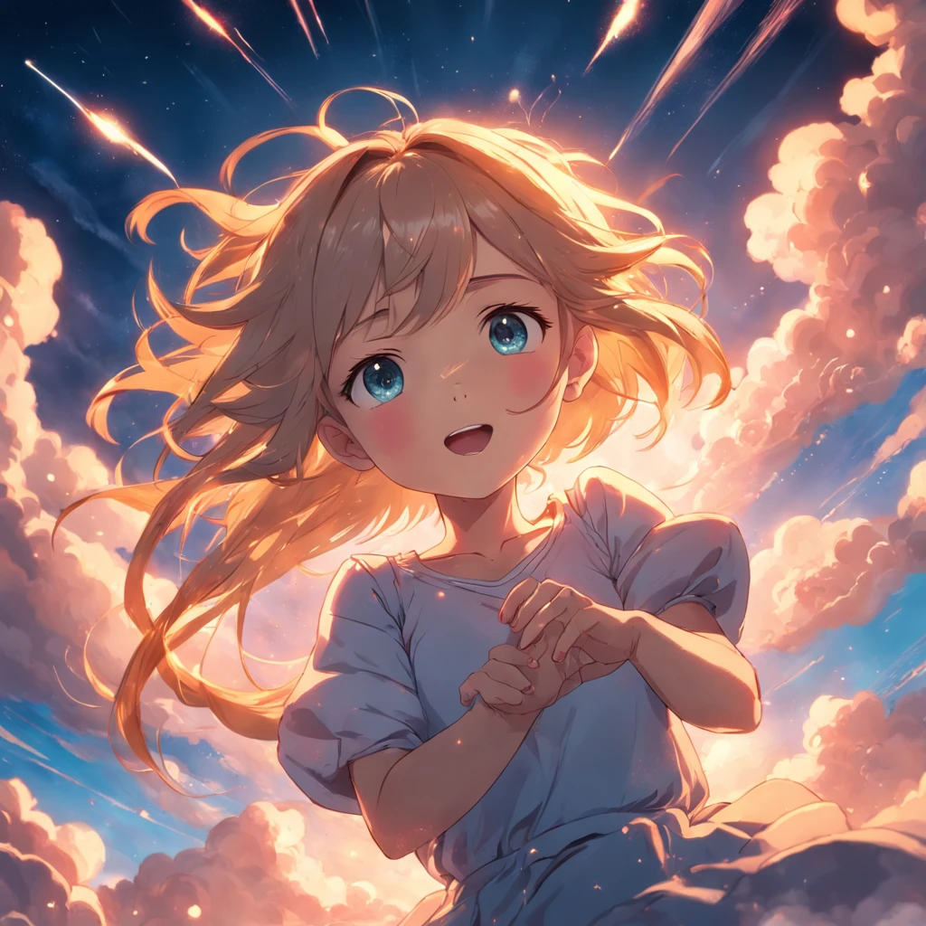 masterpiece, best quality, movie still, 1girl, cloud girl, floating in the sky, close-up, bright, happy, warm soft lighting, sunset, (sparks:0.7)