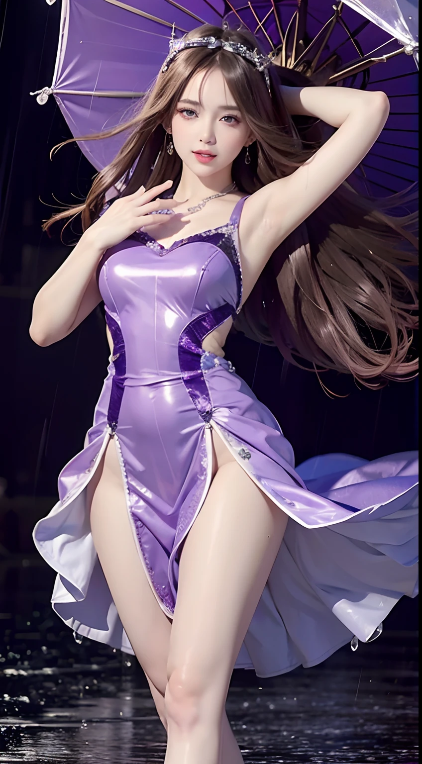 4K Ultra HD, masutepiece, Best Quality, girl with, Beautiful face, Detailed eyes, Very long hair, Striking and attractive hair, goodlooking, Lovely lips, Happy, Opened mouth, Beautiful dress, Purple Color Dress, Crystallized Jelly, Shining Jewely, Natural background, Wet ground, Heavy rain, Wet body, Direct ×3.0 Visual Effects, Reflection in water, Very heavy rain, Blowing wind, Engaging pose, Full body capture,
