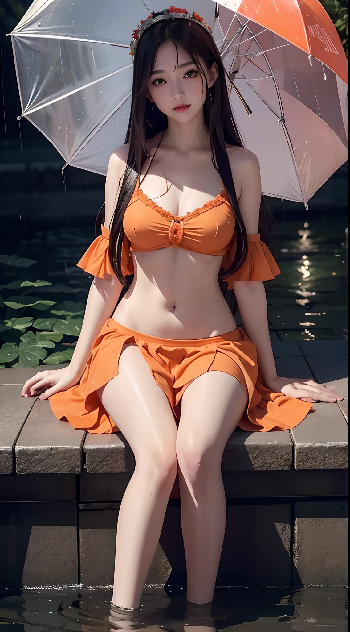 1girll,Full-body,Large breasts,Summer dress,Brown eyes,Flip the hair,(Long legs:1.2),Pout,red waistband,Huang Songmo,Orange with white Echespo skirt,frilled legwear,Spikes,