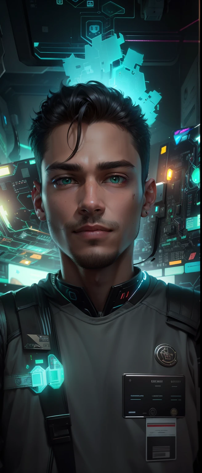 (absurd, intricate details, masterpiece, best quality, high resolution, 8k), 1 male, Brazilian, boy, handsome, finely detailed eyes and face, quiff black hair, teary eyes, looking at viewer, solo, (full body: 0.6), detailed background, detailed face, (CircuitBoardAI, electronic theme:1.1) futuristic hacker of evil high tech, gamer, smile, advanced technology, hood, techwear, keycard, cables, (holographic display:1.05), error message, computer, password, gamer room in the background, green lights, cyber warfare, dark sinister atmosphere, depth of field, visual effects.