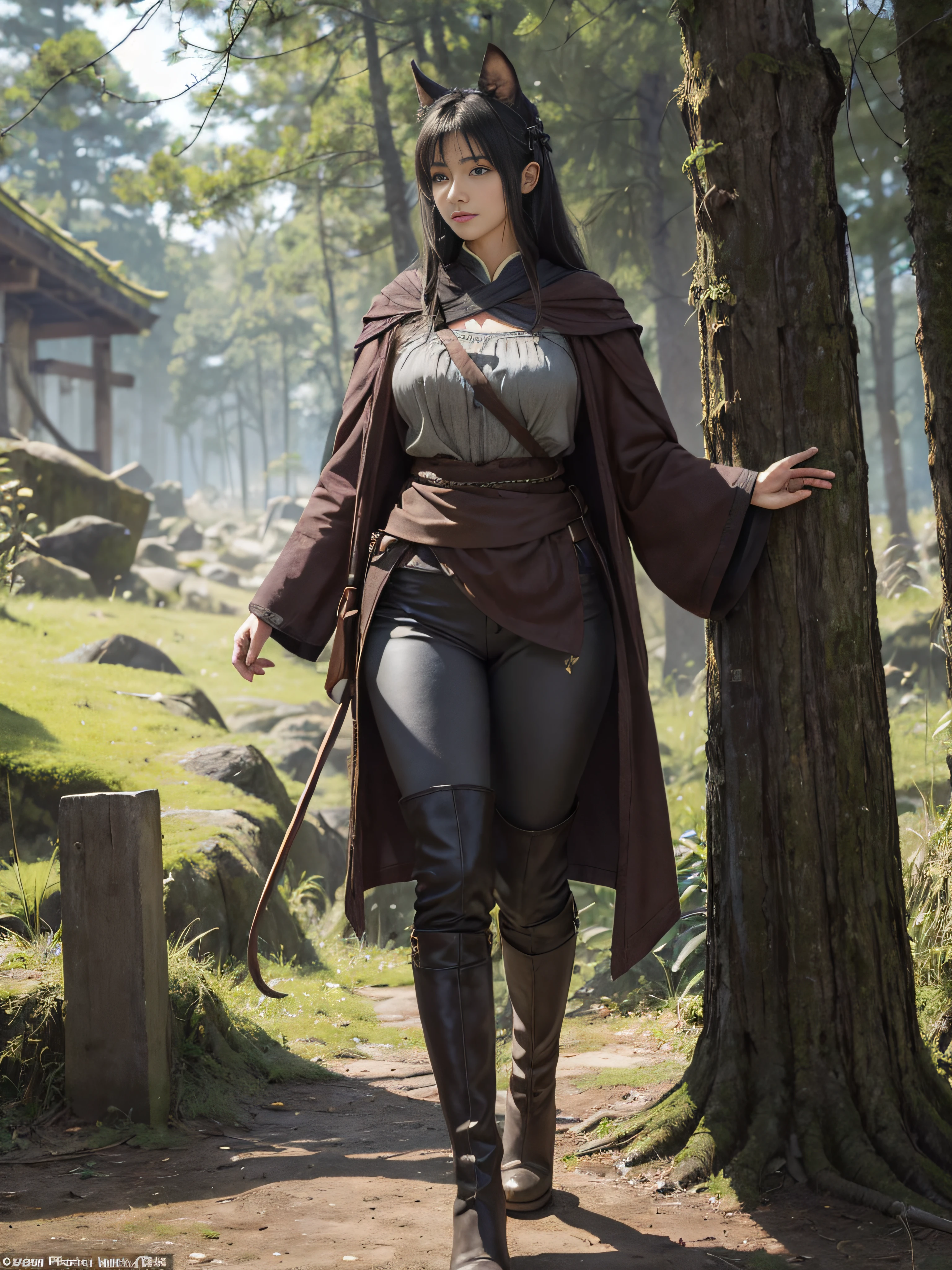 (illustratio), (Increase the resolution)(美丽细致的眼睛), (best qualtiy),(ultra - detailed), (tmasterpiece)(详细的脸),The tall,a matural female,Absolutely beautiful,The temperament of a queen,tmasterpiece,best qualityer,Full body illustration,Fine and detailed eyes and detailed face, garments:There are animal ears,Orc symbaroum,cruel grin,Ragged clothes on the upper body,Wrap the whole body,The lower body is wearing animal skin pants,Wear knee-length boots,Wide-mouthed boots,Over-the-knee stockings,Show off the look of your boots:Tall,Plump body,There are muscles,The stands up,Walking forward,(Wide buttock:1.4),(thick thight:1.6),long leges,Outdoor forest,As tall as a tree