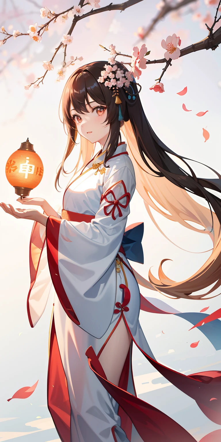 (1girll, Hanfu), with light glowing, Sideslit, Wallpapers,Peach tree,florals。