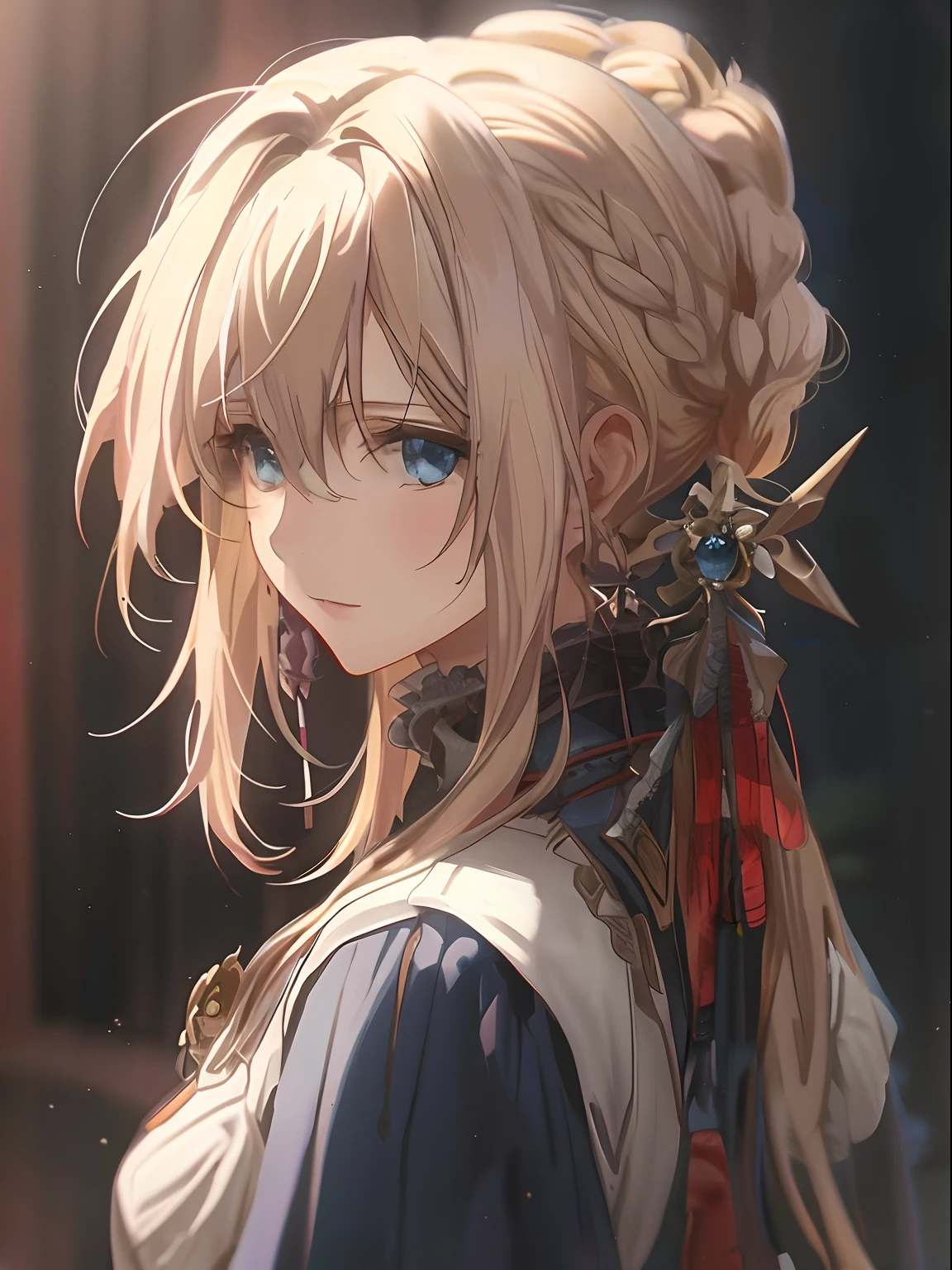 Anime girl with long blonde hair and blue eyes in a blue dress, a beautiful anime portrait, detailed portrait of an anime girl, Blonde anime girl with long hair, Stunning anime face portrait, anime girl profile, clean and meticulous anime art, Beautiful anime girl, Detailed digital anime art, female anime character, Portrait of an anime girl, Beautiful anime woman, portrait anime girl，Violet Evergarden