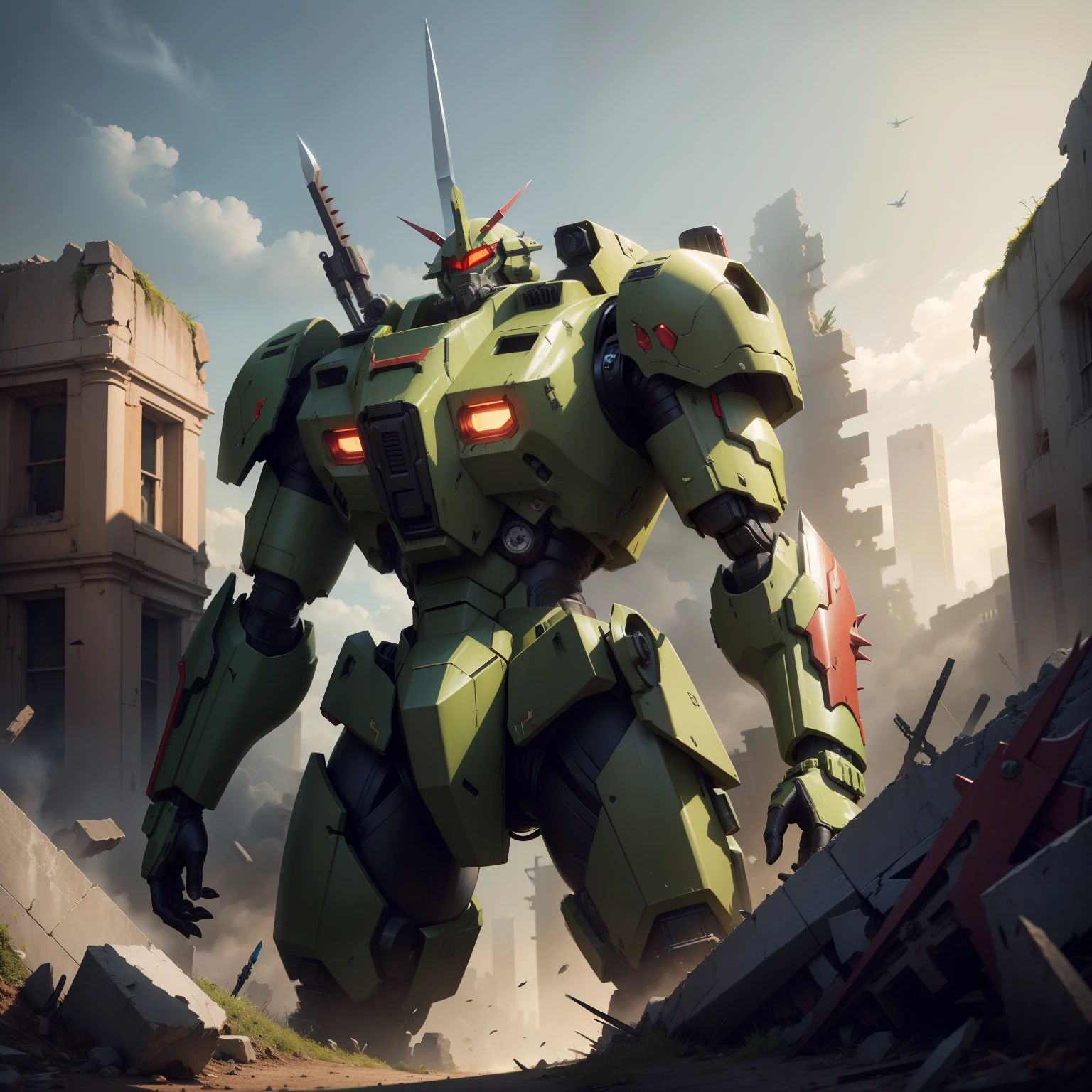mechs,Red one-eyed,Speed type,Dark green mech,Holding a double knife,Stand on the ruins of the city,With earthy yellow broken cape,There are spikes on the shoulders,High- sharpness,