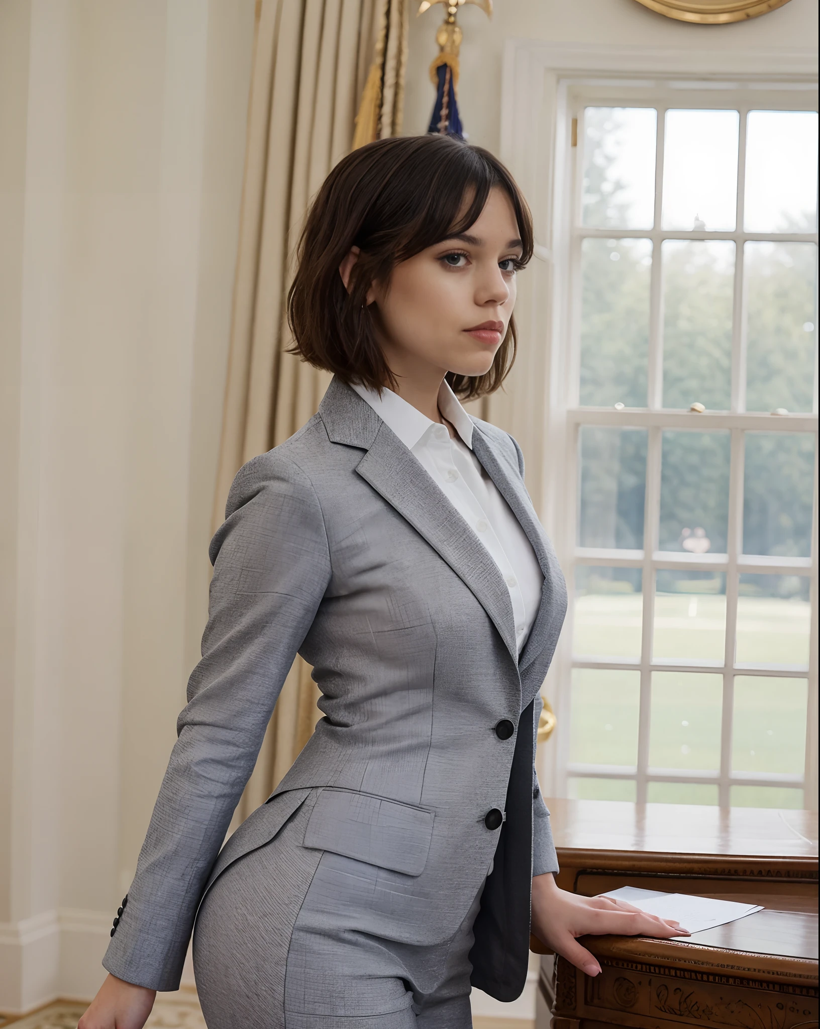 Photo of jortega in a womans business suit as the President of the United States looking out of the window in the Oval Office, solo, blue eyes, reverse bob haircut, hyper detailed, looking at viewer, hourglass body, muscular, voluptuous, warm atmosphere, photograph, photoshoot, Captured by Panavision Panaflex Platinum Camera with Panavision Primo Primes Spherical Lens 50mm T1.9