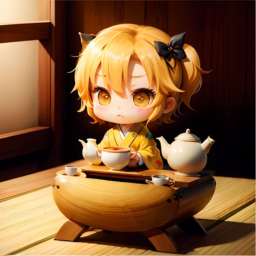 Cute chibi anime sitting in a teapot, wear yellow kimono, drink tea, logo