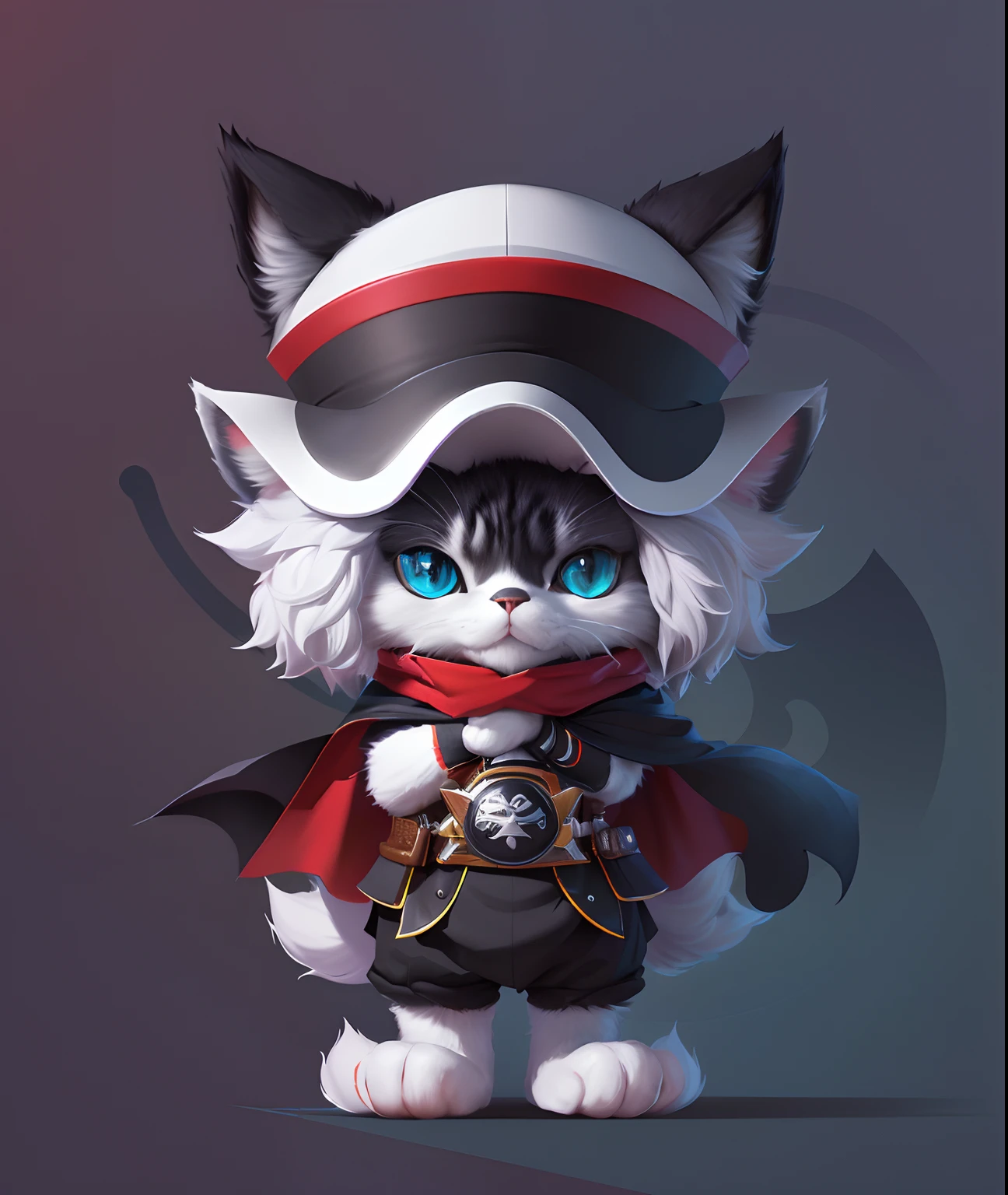 A cartoon cat with a hat and a cape, clean lineart, fox from league of legends chibi, thick vector line art, Simple lines of art, vector line art, lineart behance hd, 2d game lineart behance hd, 2d game lineart behance hd, Samurai cat, sharp lineart, crisp 8 k line art，Shading processing，Three-view generation