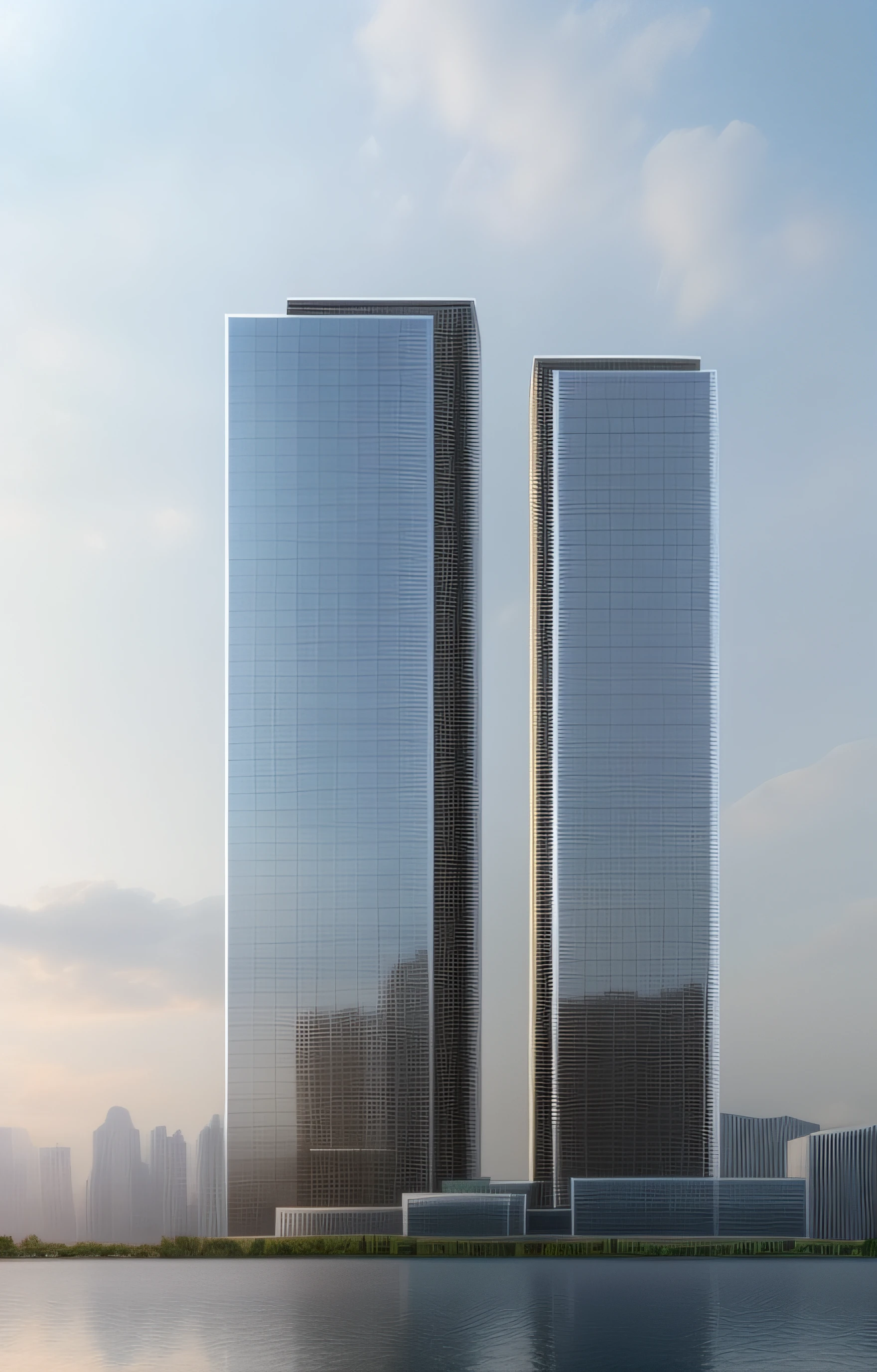 Realistic renderings of two skyscrapers,There is a square in front,, cg society contest winner, sharp hq rendering, two giant towers, highly detailed render, hq render, high quality rendering, Tall glass curtain wall skyscraper, artistation render, high quality rendering, Detailed rendering, architecture render,The front side has a white vertical line