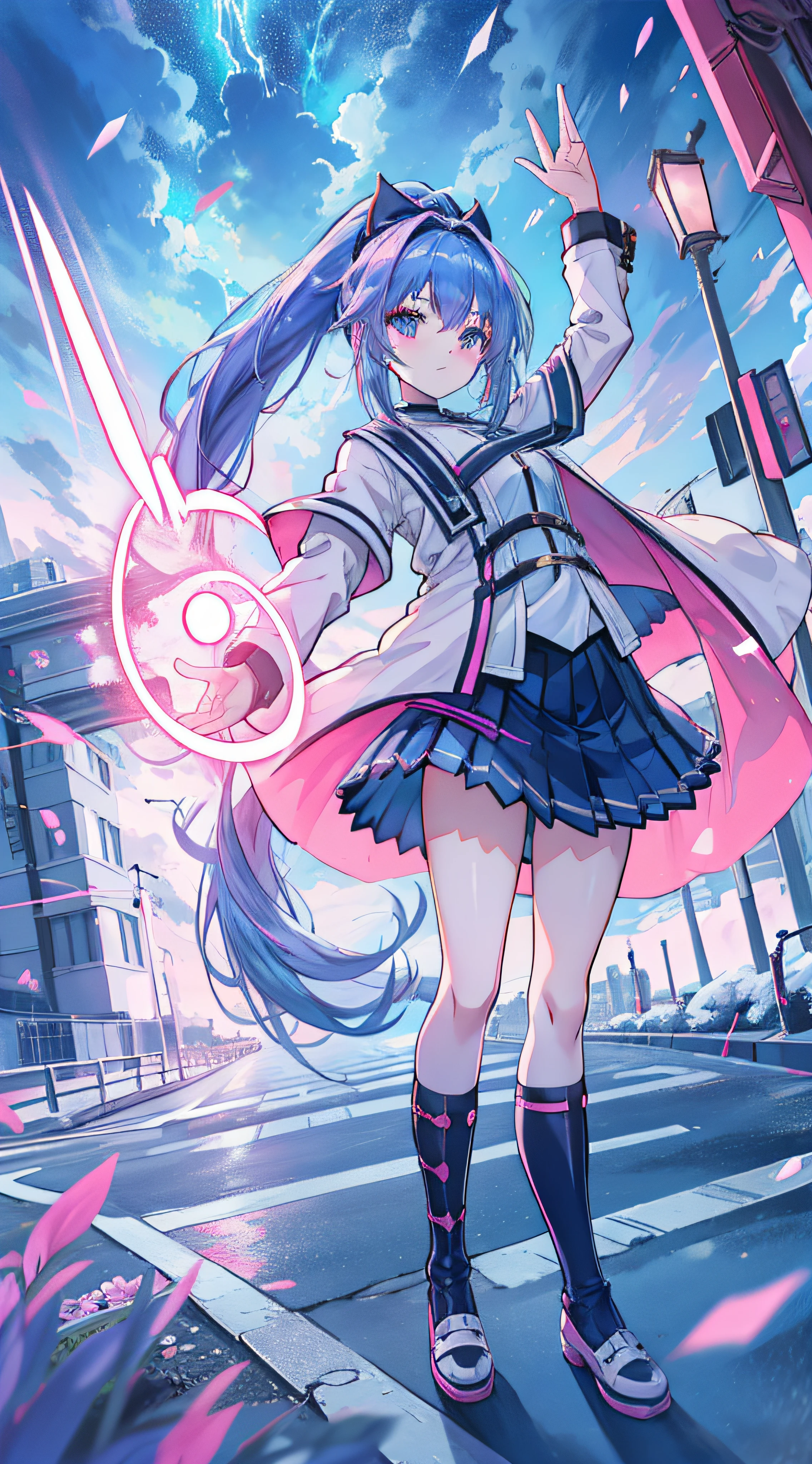 anime girl, alone, blue hair, ponytail, headband, pink pleated skirt, park, winter, night, streetlight, lightning, cloudy sky, thunderstorm, aurara borealis