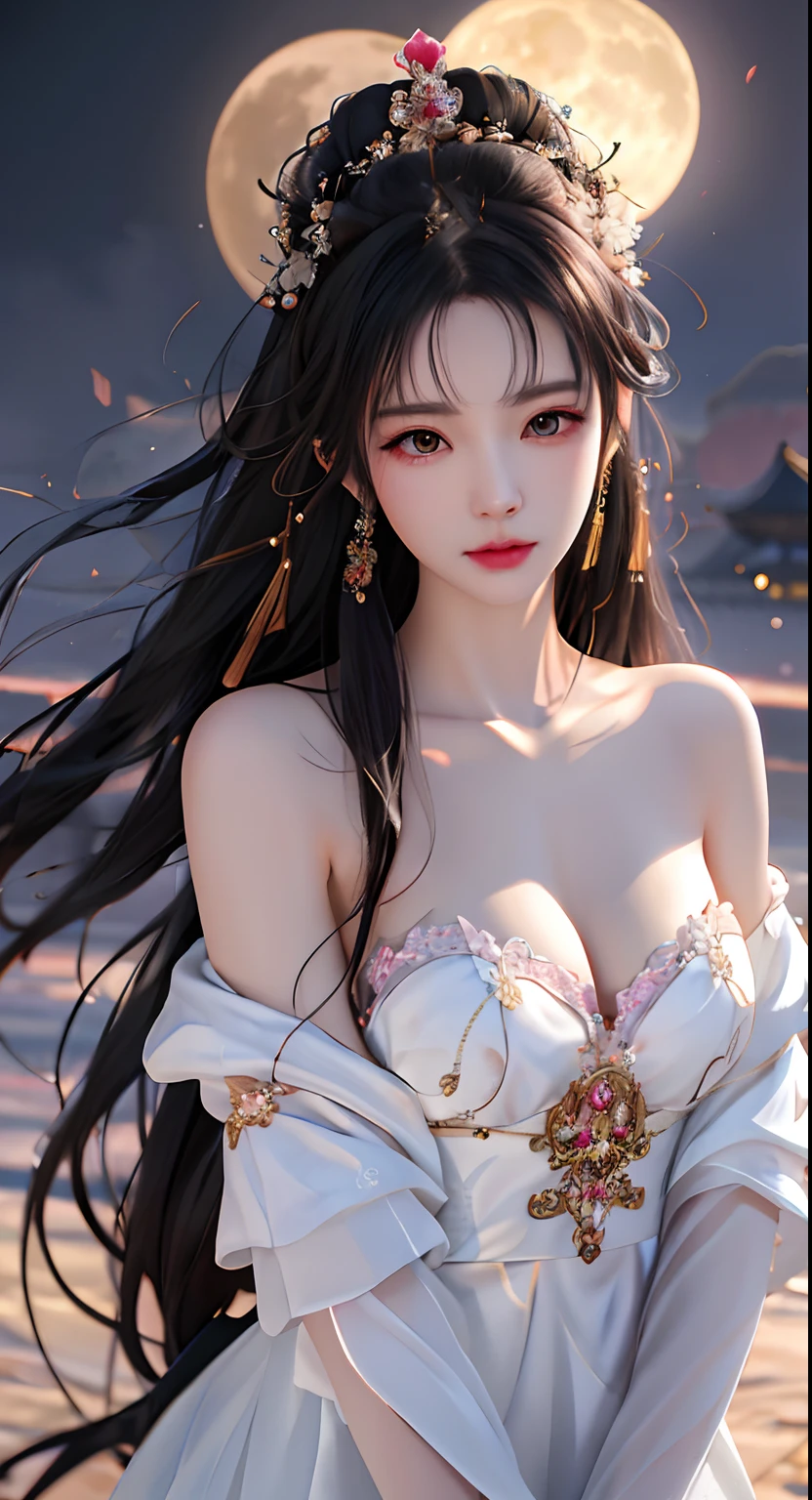 Arad woman in white dress，The background is the full moon。, Guviz-style artwork, trending on cgstation, Guviz, by Yang J, Palace ， A girl in Hanfu, author：Fan Qi, Inspired by Ai Xuan, Beautiful digital artwork, author：Yu Zheding, beautiful and seductive anime woman, author：Zhao Yuan