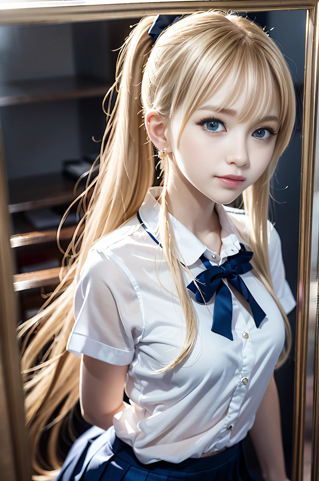 portlate、((School Uniforms))、bright expression、poneyTail、Young shiny shiny white shiny skin、Best Looks、Blonde reflected light、Platinum blonde hair with dazzling highlights、shiny light hair,、Super long silky straight hair、Beautiful bangs that shine、Glowing crystal clear attractive big blue eyes、Very beautiful nice cute girl、Lush bust,Beautiful detailed eyes, beautiful detailed nose,(( Full body:1.25)),natural make up、((Marie Rose))+、Makeup that the eyes emphasize、((Pleated skirt with many folds)),(((Raise your skirt to show your underwear)))