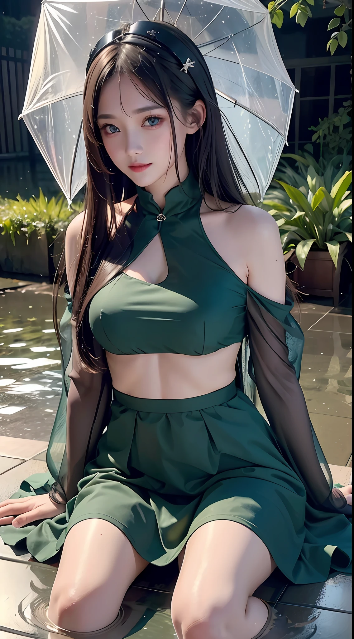 20 year old girl, sexy model, green theme, long hair, high contrast (Natural skin texture, Hyperrealism, Soft Light, sharp), portrait, standing, korean, no naked