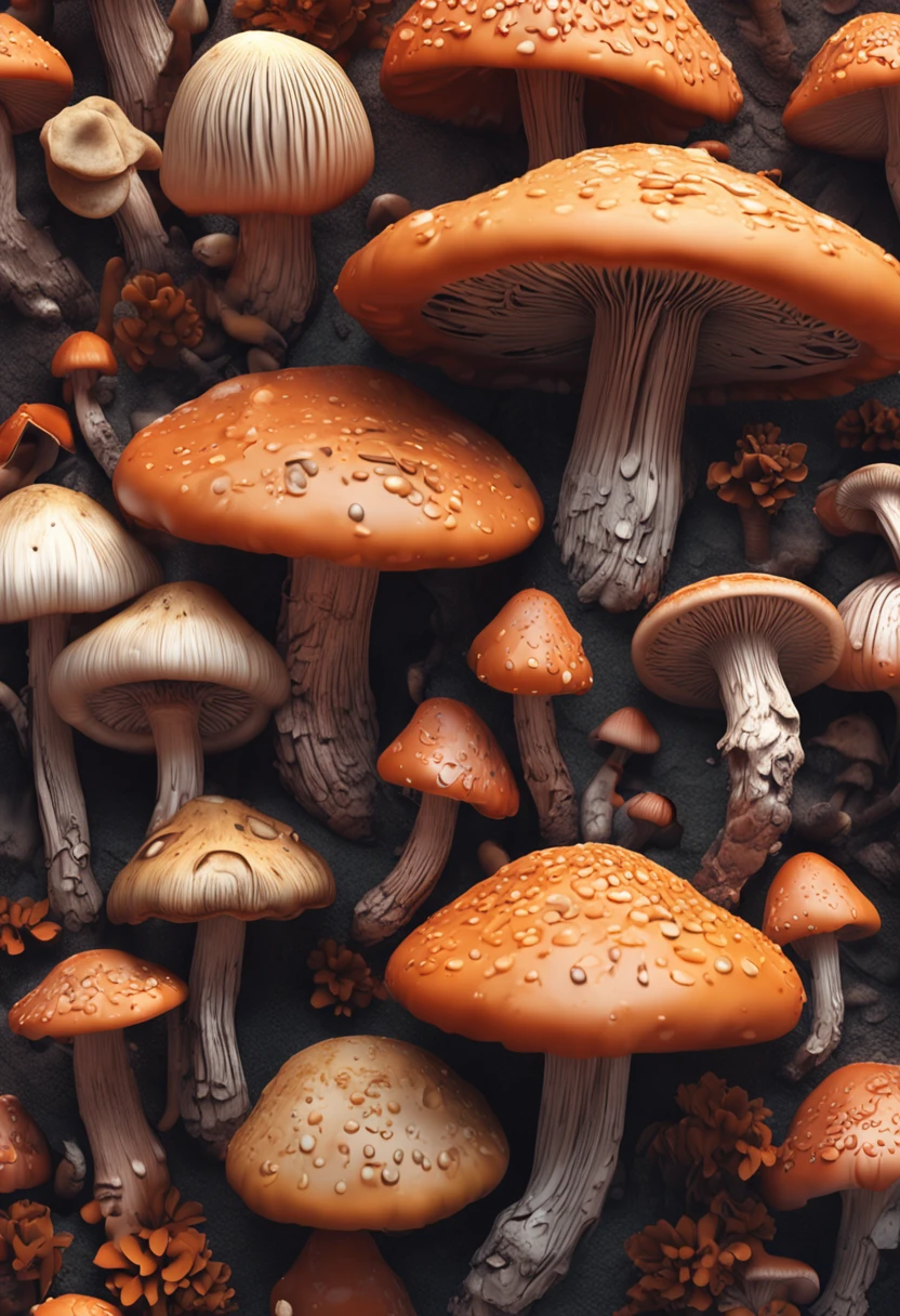 a lot of mushrooms,Cinematic realistic pictures of mushrooms, Ultra HD, Realistic, Vivid colors, Highly detailed, UHD Drawings, pen and ink, Perfect composition, beautiful detailed intricate insanely detailed octane render trending on artstation, 8K, photorrealistic concept art, soft natural volumetric cinematic perfect light