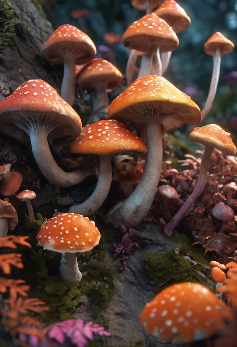 a lot of mushrooms,Cinematic realistic pictures of mushrooms, Ultra HD, Realistic, Vivid colors, Highly detailed, UHD Drawings, pen and ink, Perfect composition, beautiful detailed intricate insanely detailed octane render trending on artstation, 8K, photorrealistic concept art, soft natural volumetric cinematic perfect light
