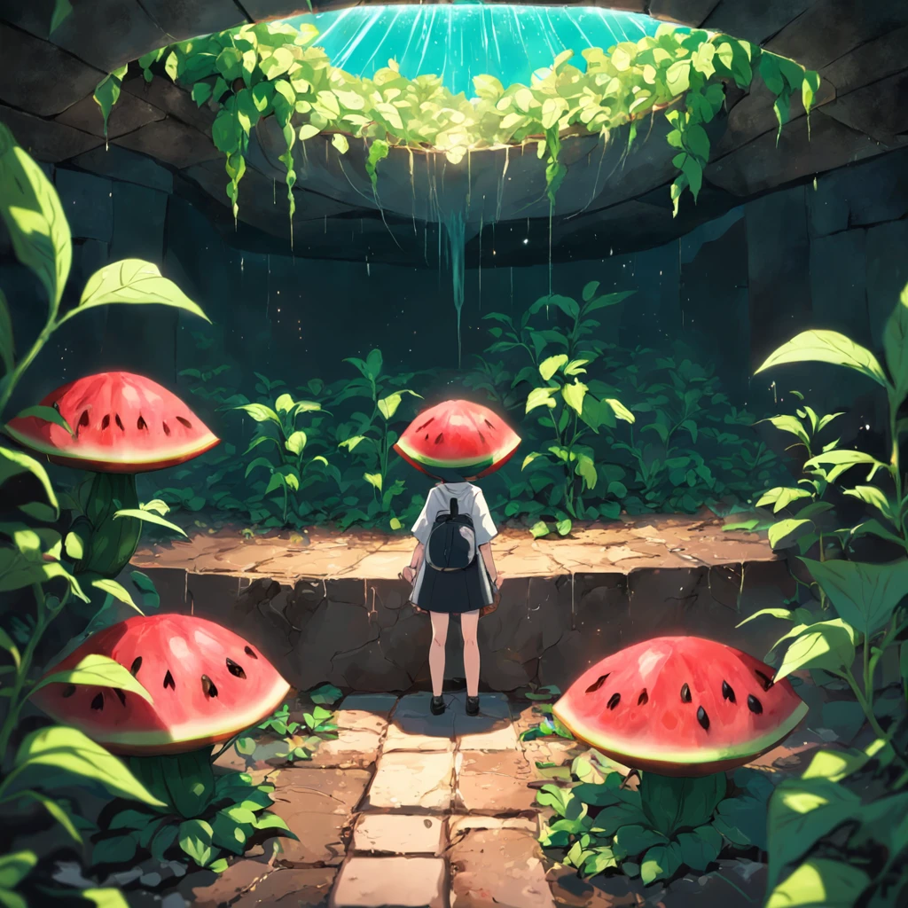 best qualtiy,tmasterpiece,In the corner of the brick,Grow a watermelon seedling,NOhumans