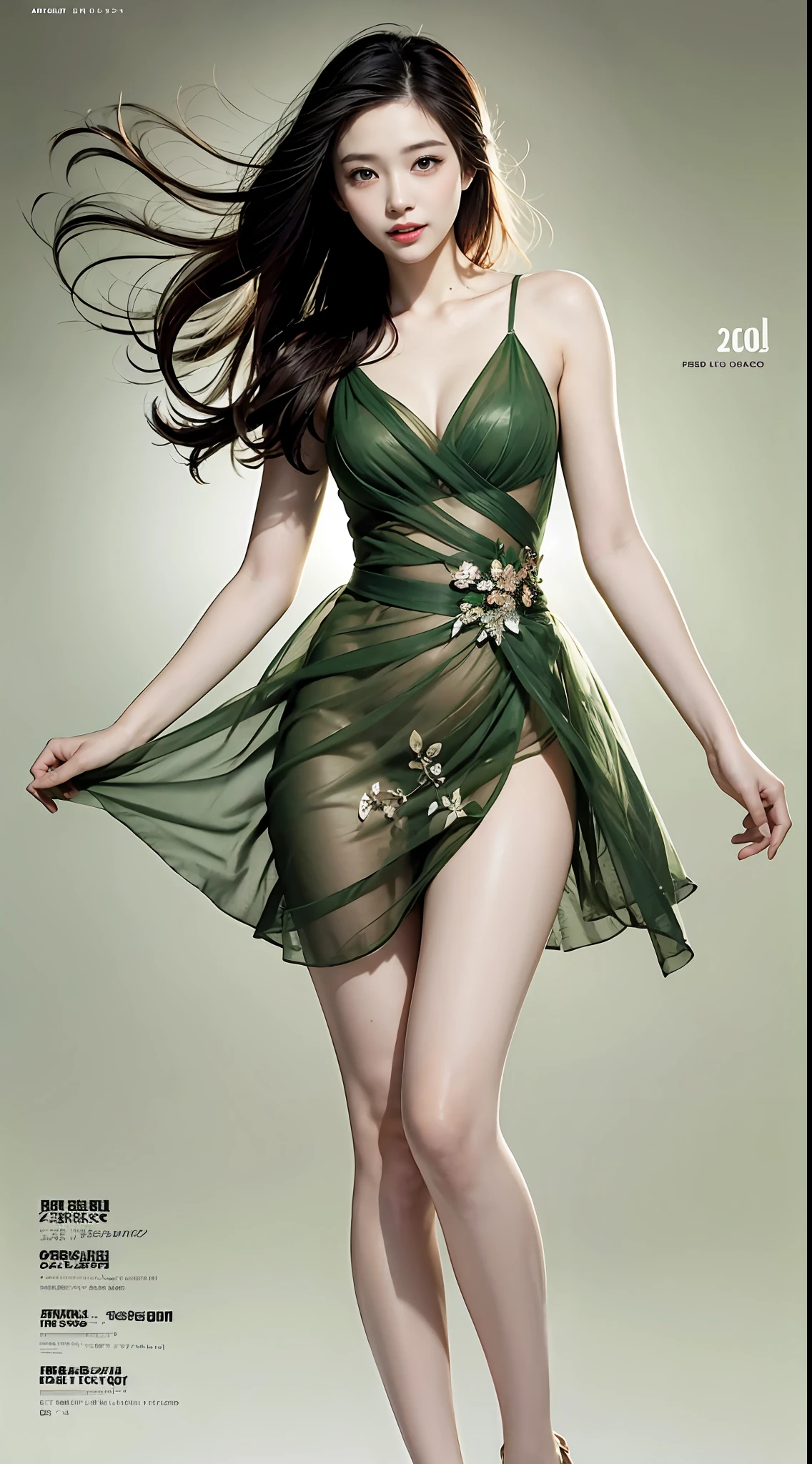 fashionably,Flaky stockings,Jelly texture,Floating hair,Best quality t,Highest high resolution,Tyndall effect,((exquisit facial detail)),Floral dress,ultra-clear,Detailed depiction,Detail legs,Oily skin,Cinematic texture,best qualtiy,Stylish and cool,MagazineCover,Fashionab,The colors are bright,(((delamination,Sense of space,Advanced composition))),With flowing long hair,standing on your feet,flashy colors,high saturated,light laughter,Green gradient background