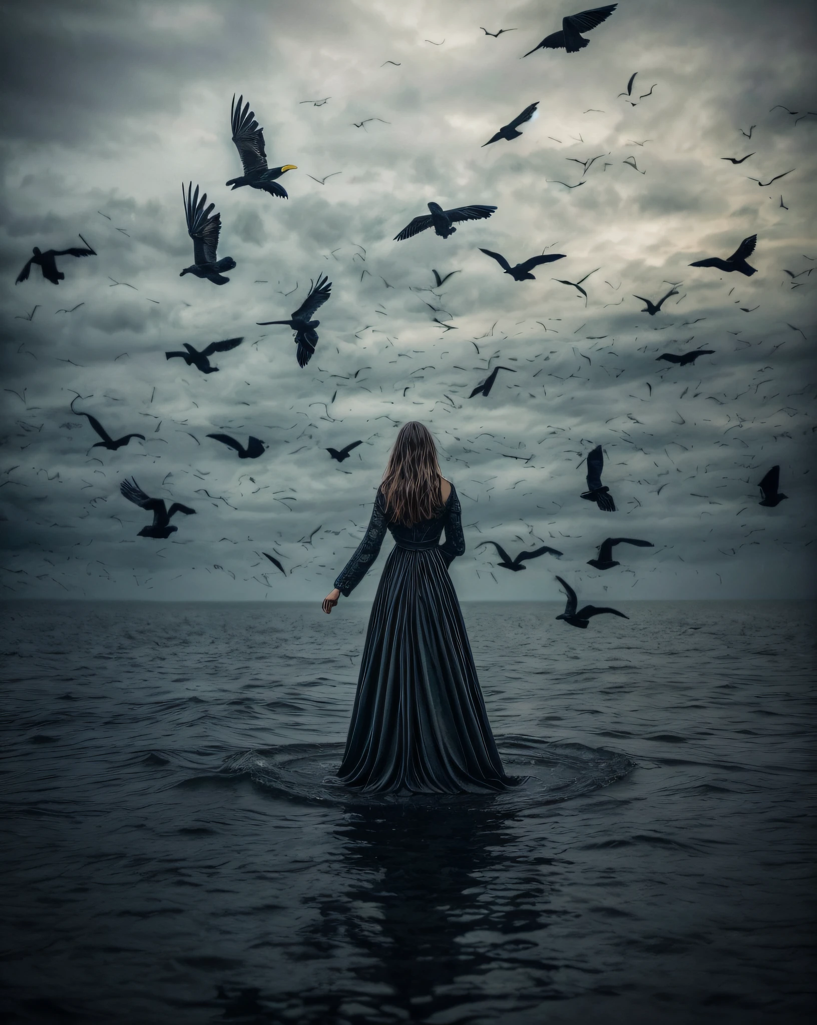 there is a woman standing in the water surrounded by birds, inspired by Brooke Shaden, dreamy and ethereal and dark, dark and ethereal, inspired by Anka Zhuravleva, miss aniela, spiritual eerie creepy picture, alessio albi, by Matija Jama, by Eugeniusz Zak, beautiful with eerie vibes, among ravens, beautiful photo, extremely detailed birds, realistic birds, realistic ravens