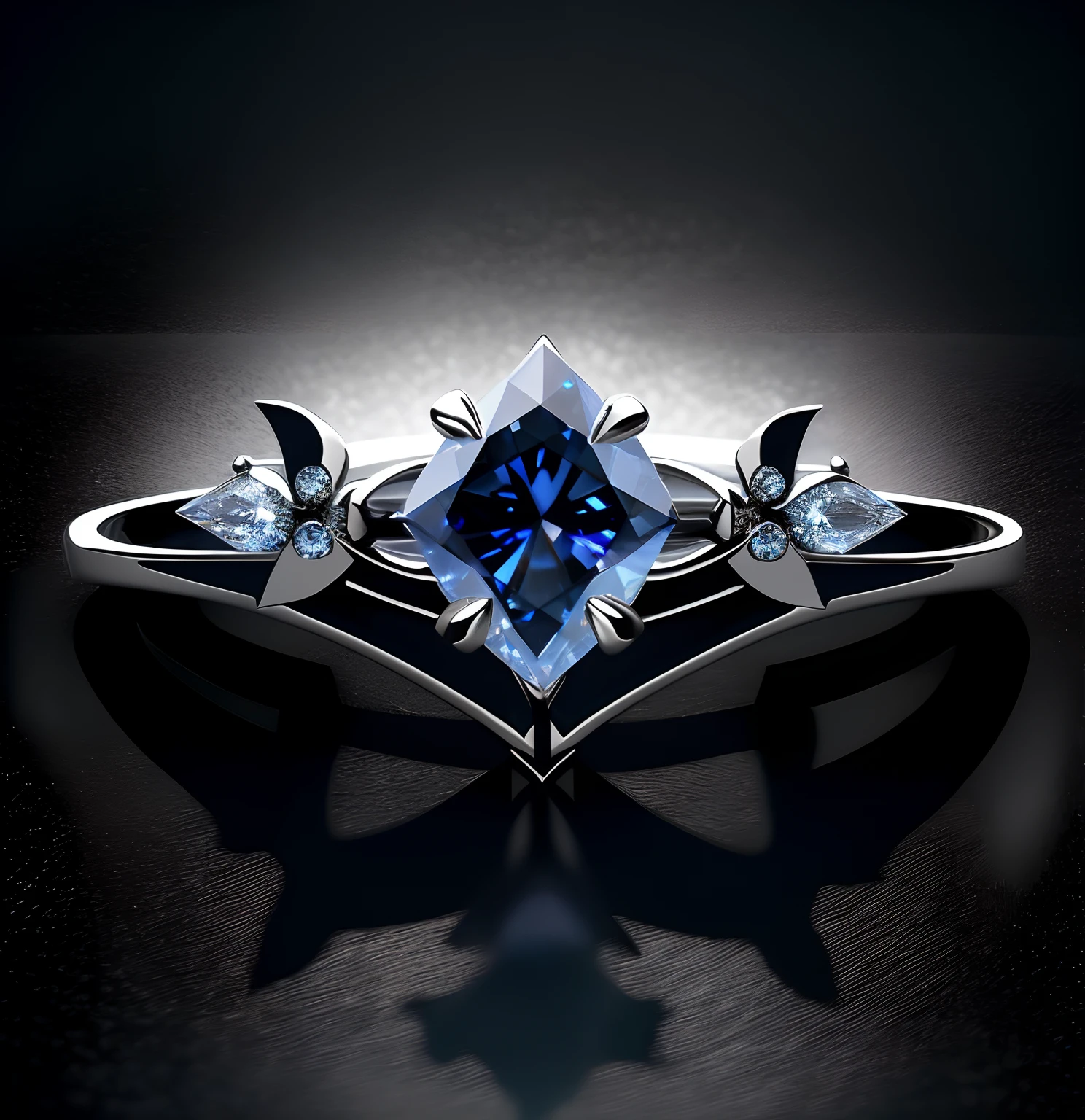 Blue diamond ring, jewelry photography, Round sapphire, Realistic 3D rendering, Gorgeous white diamonds，Starry Moon Element