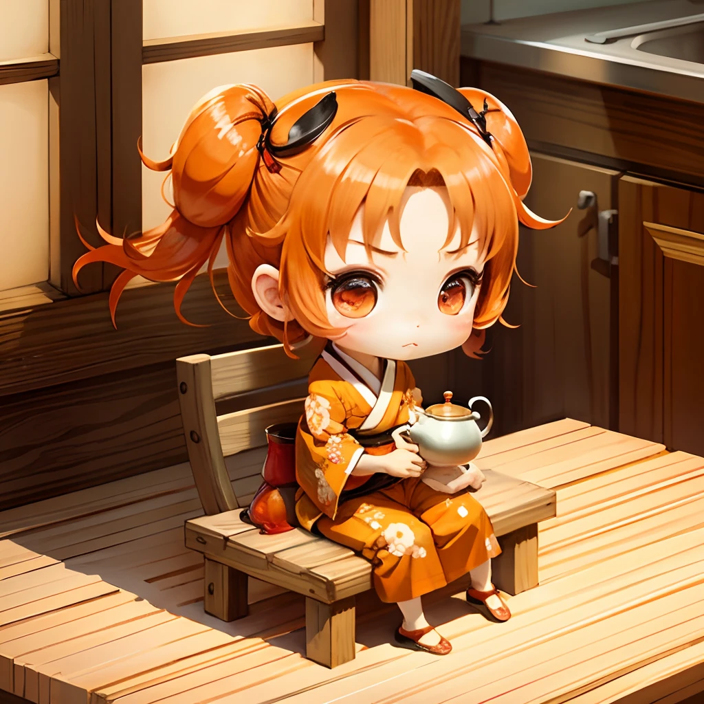 Cute chibi anime sitting in a teapot, wear orange kimono, drink tea, logo
