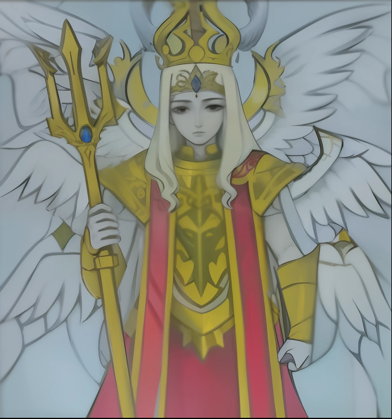 Painting of a woman with a crown and a sword in her hands, O Deus Imperador da Humanidade, Arcanjo Miguel, inspirado no Mestre da Lenda de Santa Luzia, as a mystical valkyrie, arcanjo, lord of change, O Deus Atena, inspirado por Li Chevalier, mystical atlantean valkyrie, Deusa da Raiva, Armadura Dourada Angelical