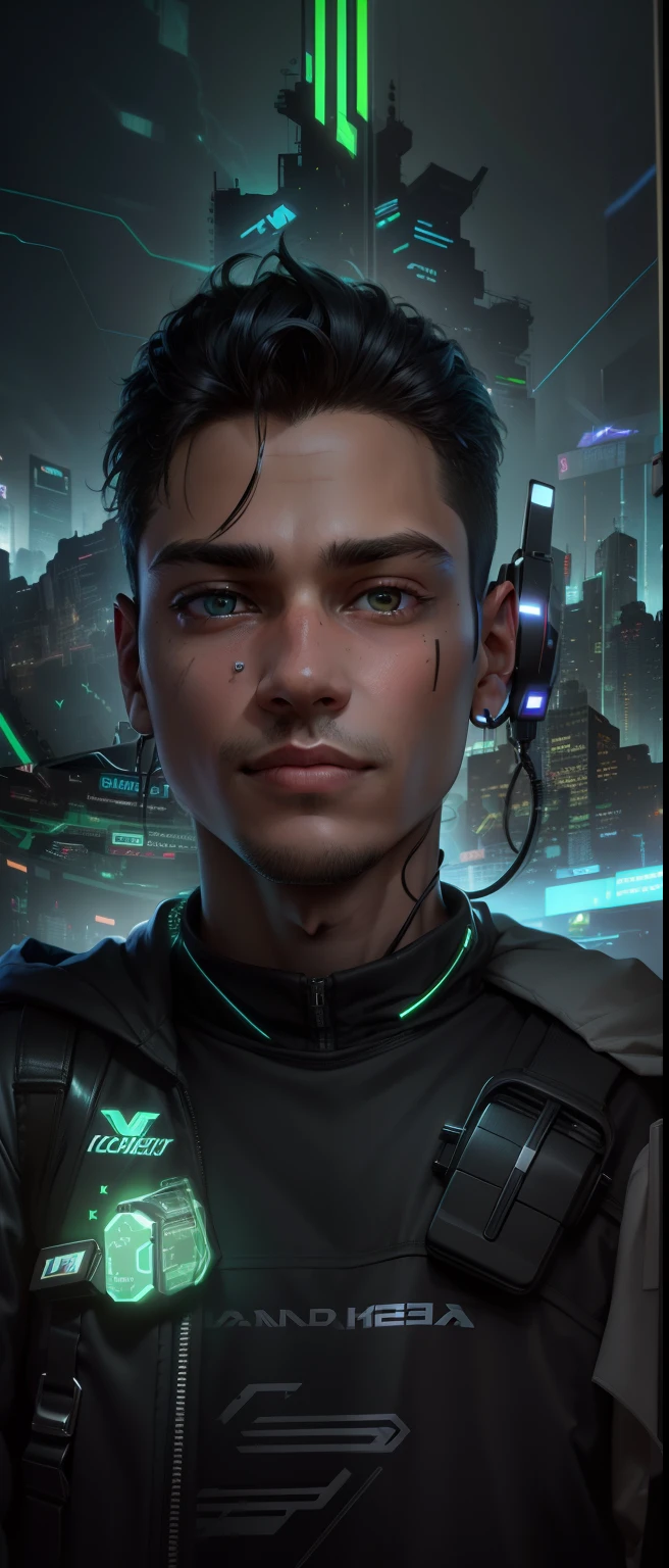(absurd, intricate details, masterpiece, best quality, high resolution, 8k), 1 male, Brazilian, seventeen years old little boy, handsome, finely detailed eyes and face, quiff black hair, teary eyes, looking at viewer, solo, (full body: 0.6), detailed background, detailed face, (CircuitBoardAI, electronic theme:1.1) futuristic hacker of evil high tech, gamer, smile, advanced technology, hood, techwear, keycard, cables, (holographic display:1.05), error message, computer, password, gamer room in the background, green lights, cyber warfare, dark sinister atmosphere, depth of field, visual effects.
