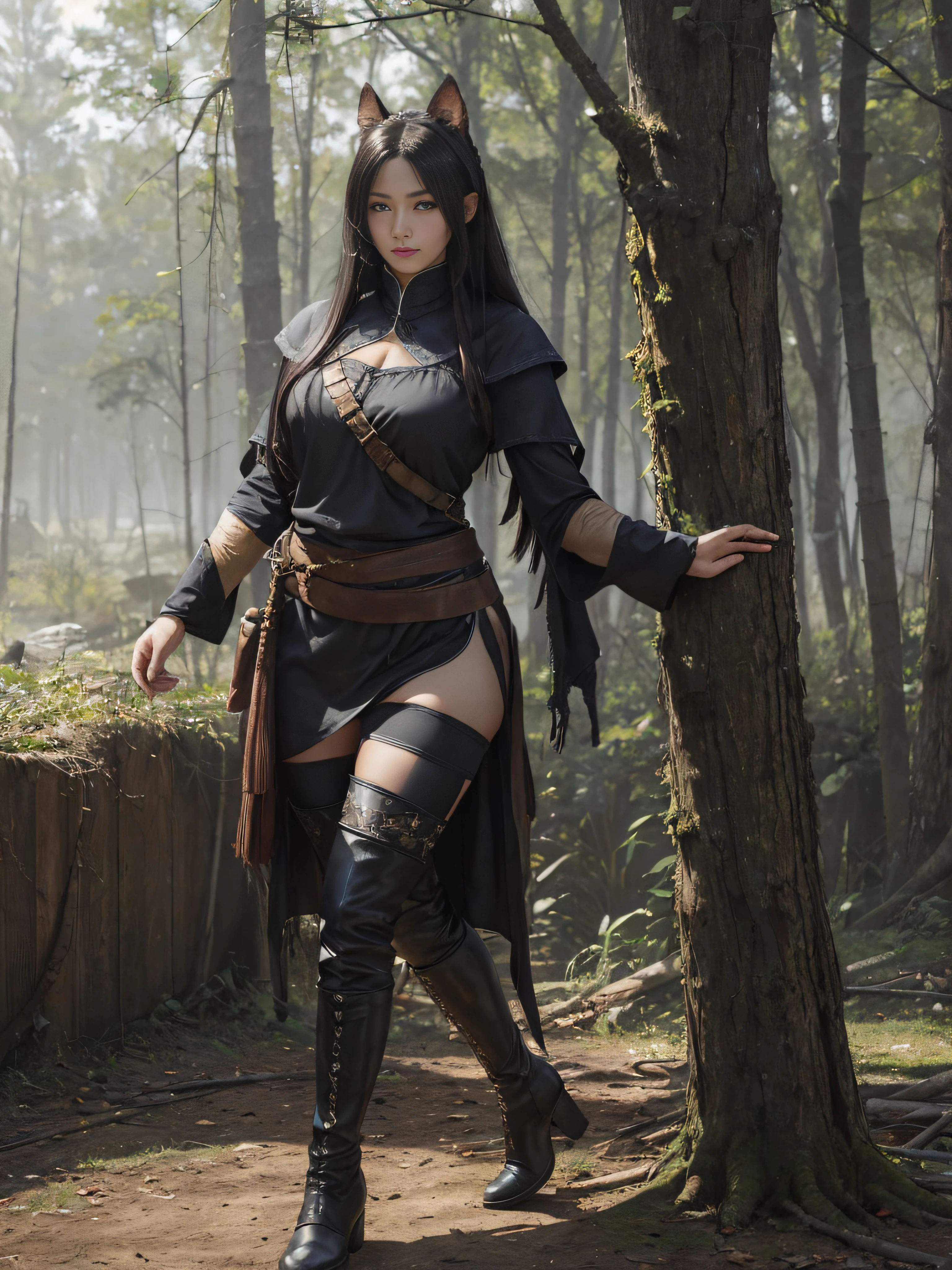 (illustratio), (Increase the resolution)(美丽细致的眼睛), (best qualtiy),(ultra - detailed), (tmasterpiece)(详细的脸)，The tall，a matural female，Absolutely beautiful，The temperament of a queen，tmasterpiece，best qualityer，Full body illustration，Fine and detailed eyes and detailed face， garments：There are animal ears，Orc symbaroum，cruel grin，Ragged clothes on the upper body，Wrap the whole body，The lower body is wearing animal skin pants，Wear knee-length boots，Wide-mouthed boots，Over-the-knee stockings，Show off the look of your boots：Tall，Plump body，There are muscles，The stands up，Walking forward，（Wide buttock：1.4），（thick thight：1.6），long leges，Outdoor forest，As tall as a tree
