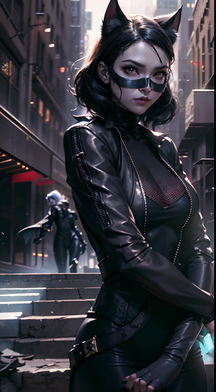 Background Gotham City，Batman Catwoman in a black suit stands in the middle of the city, Extremely detailed Artgerm, Cat woman, Catwoman, Style Artgerm, wojtek fus, cgsociety - w 1 0 2 4 - n 8 - i, IG model | Art germ,（realisticlying：1.2），（hentail realism），（tmasterpiece：1.2），（best qualtiy），（Hyper-detailing），（8K，4K，复杂），（full body shot shot：1），（85mm），Particle light，illuminating，（high detal：1.2），（Detailed face：1.2），largeeyes，beautiful goddess woman，putting makeup on，s the perfect face，Perfect lighting，1girll，DC Super Hero Movie，Catwoman in Batman，neko girl，brunette color hair，（Catwoman Selina Kyle），short detailed hair，（Hands stretch out sharp claws），Death glow，Serious look， cat paws，Hand with long claws outstretched，The whole body is wrapped in a fur coat，tight leather clothes，Sexy set，（Openwork onesies），high-heels，Thin waist and thick hips，long leges，huge boob，（Glowing skin），Glowing skin，The wind blows to the top，White aura of power，green pupills，Gravel background，Broken ground，Full moon in downtown Gotham，（finelydetailedskin：1.3），cinematric light，edge lit，超高分辨率，Best shadow，delicated，octanerender，unreal-engine，Stroll through the high-rise buildings of Gotham City，Fighting posture，