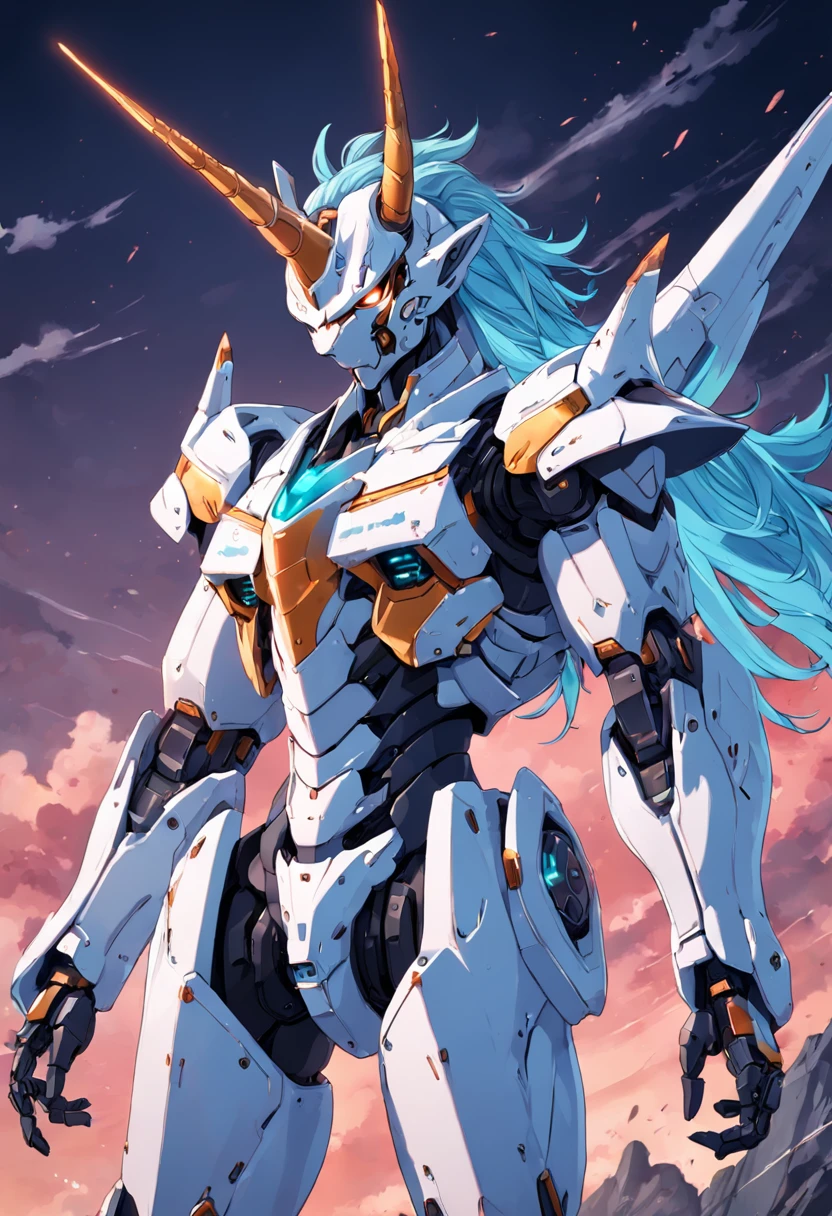 High quality, high detail, unicorn mecha, rich facial details, mecha style, strong sense of streamlining, up to the sky background