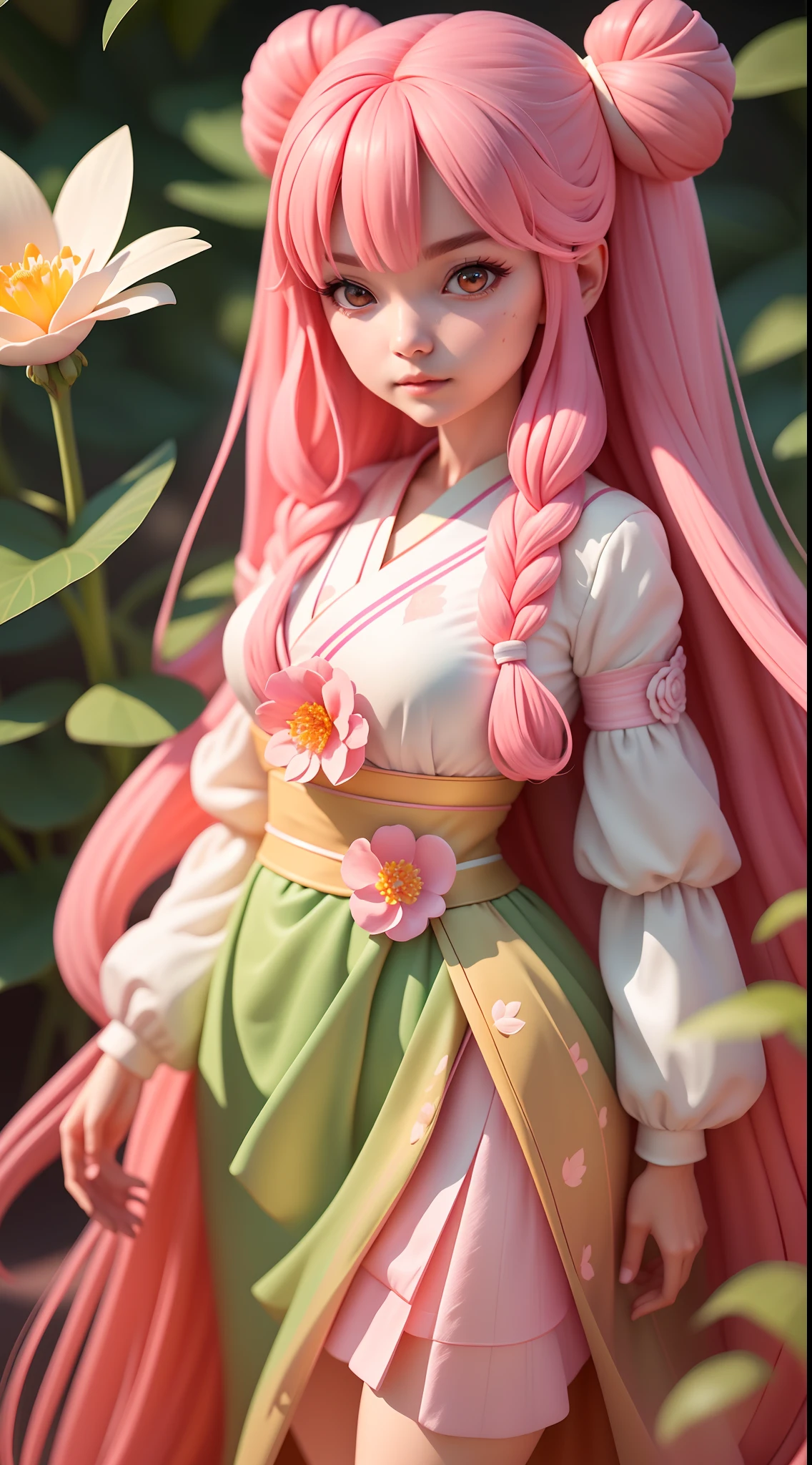 (Daisaku),(Need),(Super meticulous),(full bodyesbian:1.2),Cute girl with long pink hair,disney's princess,bright daylight,blossoms,petals,a plant,vine,Clear contrast between light and shadow,plethora of colors,Solid background,The characters are rich in detail,Delicatemakeup,HD8K,high qulity,Good atmosphere,delicated,cg render,detail render,(Delicate facial portrayal)(Fine hair portrayal)(highest quality)(Master masterpieces)(High degree of completion)(a sense of atmosphere)