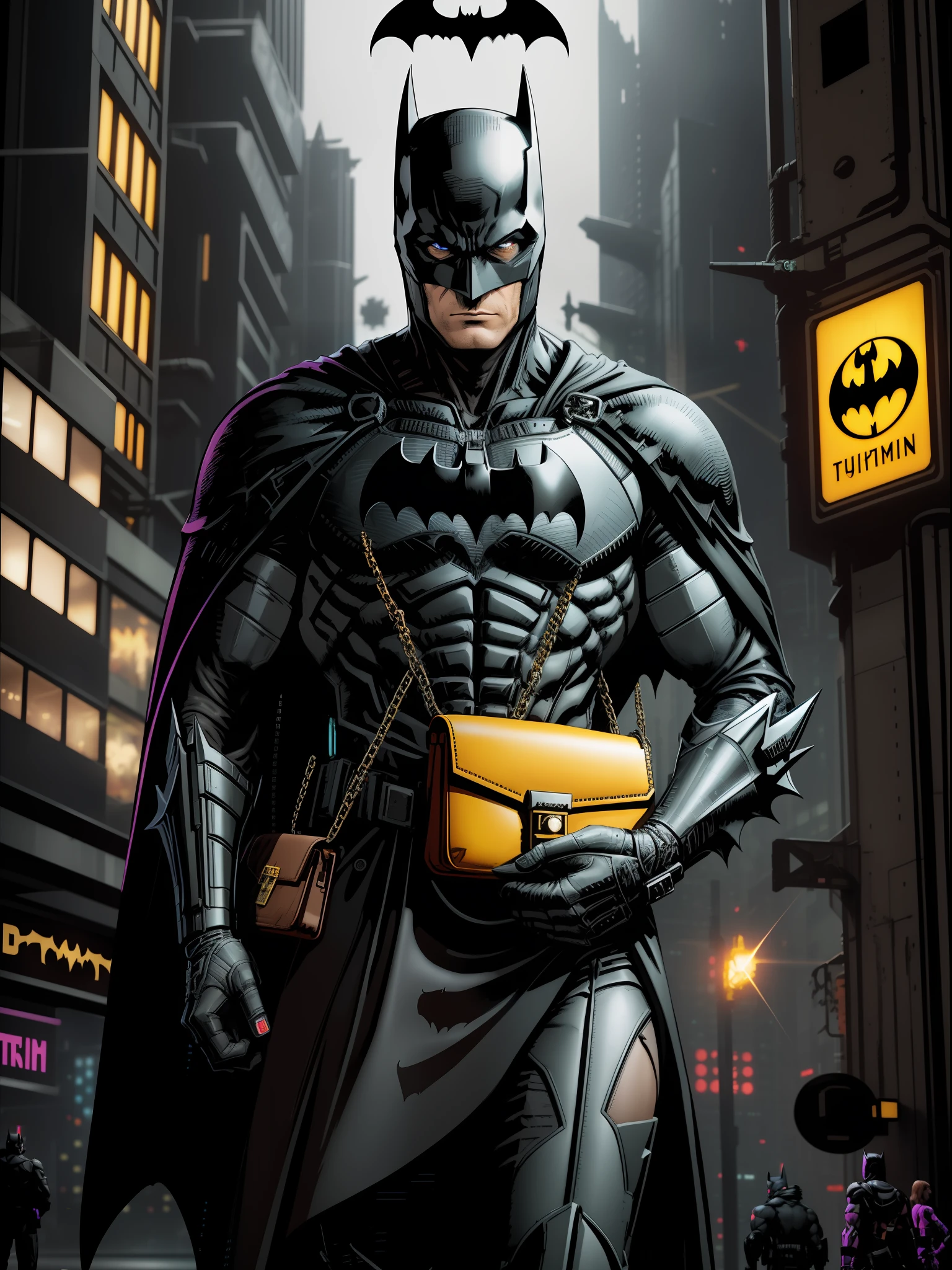 "Close-up, award-winning photo of Batman holding a large brown handbag inside a brutalist building with intricate angular cybernetic implants, set in a gothic brutalist cathedral. The scene is cyberpunk, featuring bokeh and vibrant neon lights, with Batman showcasing a prominent cybernetic limb."