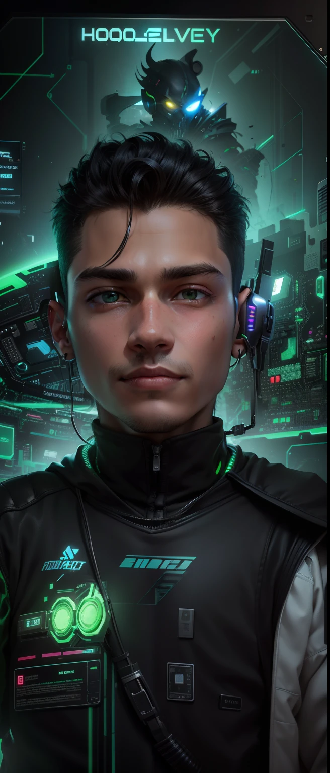 (absurd, intricate details, masterpiece, best quality, high resolution, 8k), 1 male, Brazilian,  boy, handsome, finely detailed eyes and face, quiff black hair, teary eyes, looking at viewer, solo, (full body: 0.6), detailed background, detailed face, (CircuitBoardAI, electronic theme:1.1) futuristic hacker of evil high tech, gamer, smile, advanced technology, hood, techwear, keycard, cables, (holographic display:1.05),  error message, computer, password, gamer room in the background, green lights, cyber warfare, dark sinister atmosphere, depth of field, visual effects.