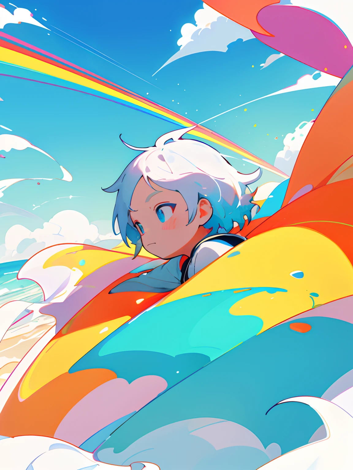 Making of Illustration Poster, Flat illustration, Colorful, Highly saturated, Contour light, warm and bright, Colorful, HD 8K, colored light particles, Heterochromatic, Male child, Upper body, Clear face, By the sea, Blue sky, white clouds, (Color: 1.5) , --v6