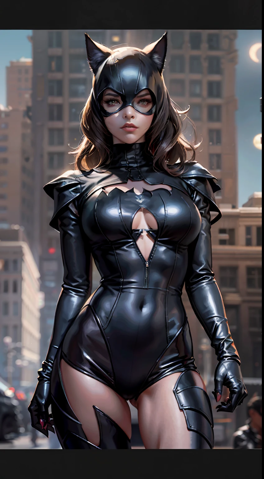 Background Gotham City，Batman Catwoman in a black suit stands in the middle of the city, Extremely detailed Artgerm, Cat woman, Catwoman, Style Artgerm, wojtek fus, cgsociety - w 1 0 2 4 - n 8 - i, IG model | Art germ,（realisticlying：1.2），（hentail realism），（tmasterpiece：1.2），（best qualtiy），（Hyper-detailing），（8K，4K，复杂），（full body shot shot：1），（85mm），Particle light，illuminating，（high detal：1.2），（Detailed face：1.2），largeeyes，beautiful goddess woman，putting makeup on，s the perfect face，Perfect lighting，1girll，DC Super Hero Movie，Catwoman in Batman，neko girl，brunette color hair，（Catwoman Selina Kyle），short detailed hair，（Hands stretch out sharp claws），Death glow，Serious look， cat paws，Hand with long claws outstretched，The whole body is wrapped in a fur coat，tight leather clothes，Sexy set，（Openwork onesies），high-heels，Thin waist and thick hips，long leges，huge boob，（Glowing skin），Glowing skin，The wind blows to the top，White aura of power，green pupills，Gravel background，Broken ground，Full moon in downtown Gotham，（finelydetailedskin：1.3），cinematric light，edge lit，超高分辨率，Best shadow，delicated，octanerender，unreal-engine，Stroll through the high-rise buildings of Gotham City，Fighting posture，