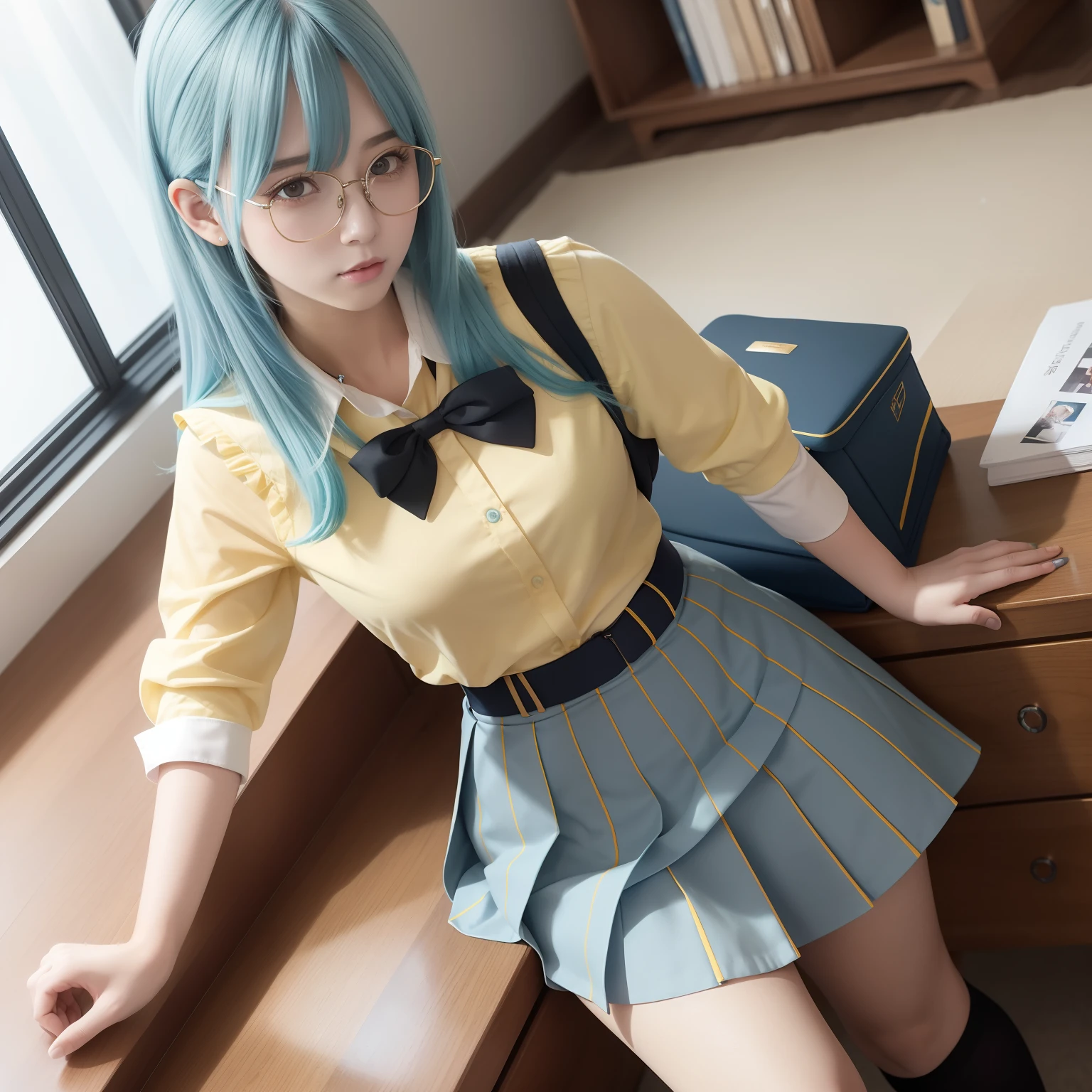 Long light yellowish blue hair，Yellow-blue with JK uniform and pleated skirt，There are green and reddish-brown ornaments as decorations，With black-framed glasses，She is a lovely intellectual beautiful girl