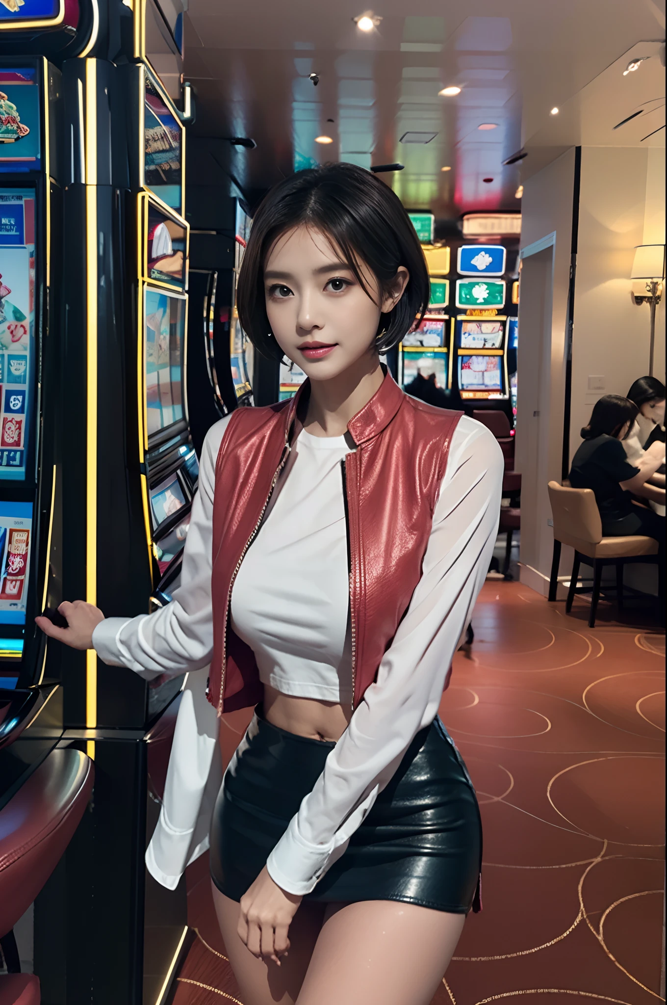 (highest quality, hight resolution, masterpiece:1.3) solo, girl, THE CASINO CROUPIER, BREAK green eyes, tsurime, pink and very short hair, large breasts, navel, detailed skin, BREAK White shirt, black short leather vest, black leather miniskirt, pencil skirt, Shallow slit, black high heels, casino