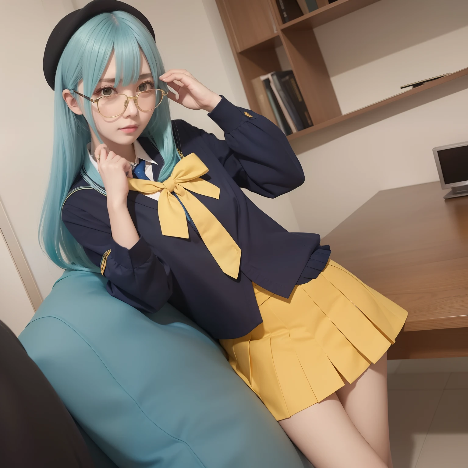 Long light yellowish blue hair，Yellow-blue with JK uniform and pleated skirt，There are green and reddish-brown ornaments as decorations，With black-framed glasses，She is a lovely intellectual beautiful girl