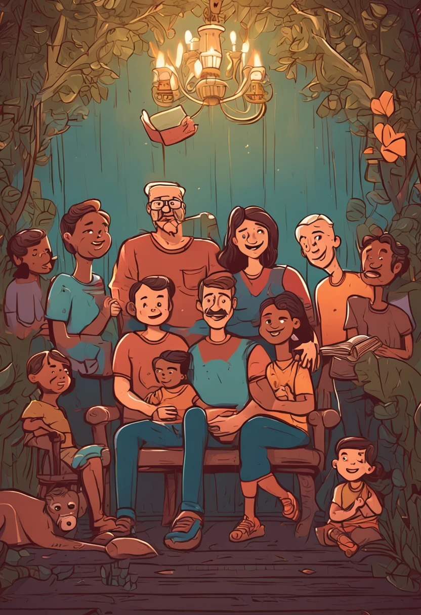 Family of readers, grandmother, grandfather, father, mother and children readers, sitting down for a family photograph