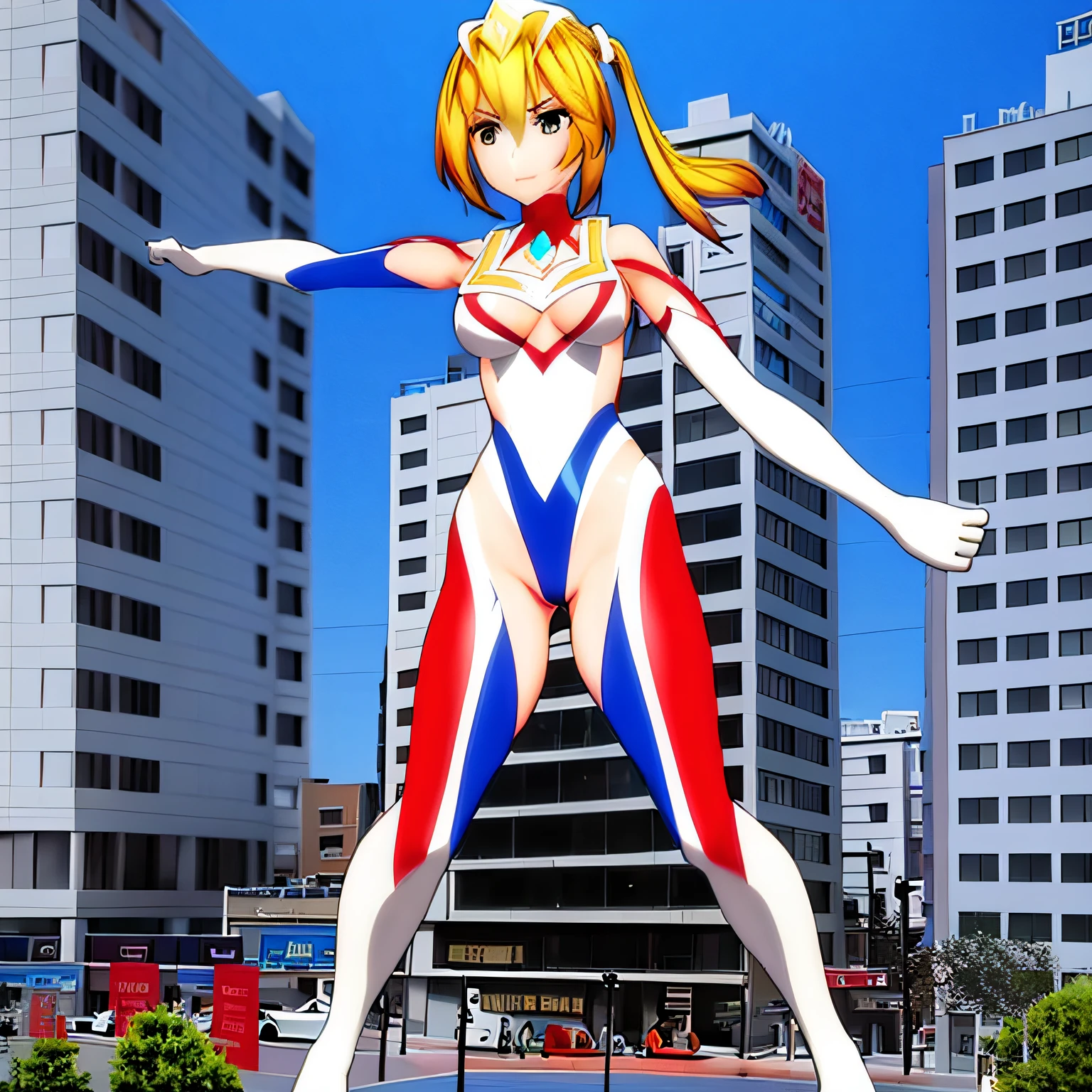 masterpiece, High quality, 1girl, Solo, breasts, gloves, Blonde_hair, hand armor, Medium_breasts, Blue_Eyes, White sclera elbow_gloves, cleavage, Ponytail, light smile, Fighting stance, Looking at Viewer, night, close-up, full body, DynaG, city in background, giantess, gem, red gem, fist, clenched hands,