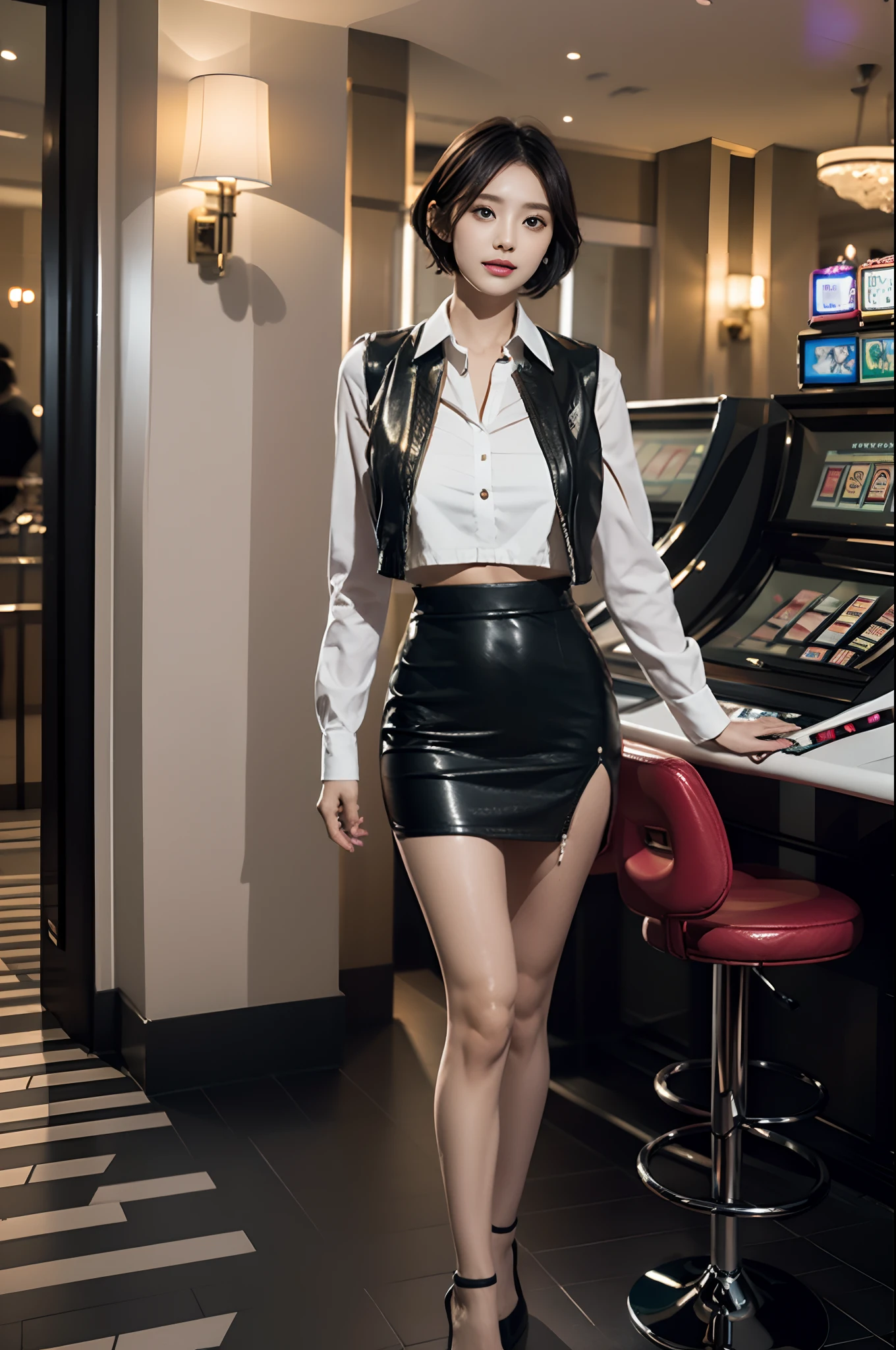 (highest quality, hight resolution, masterpiece:1.3) solo, girl, THE CASINO CROUPIER, BREAK green eyes, tsurime, pink and very short hair, large breasts, navel, detailed skin, BREAK White shirt, black short leather vest, black leather miniskirt, pencil skirt, Shallow slit, black high heels, casino