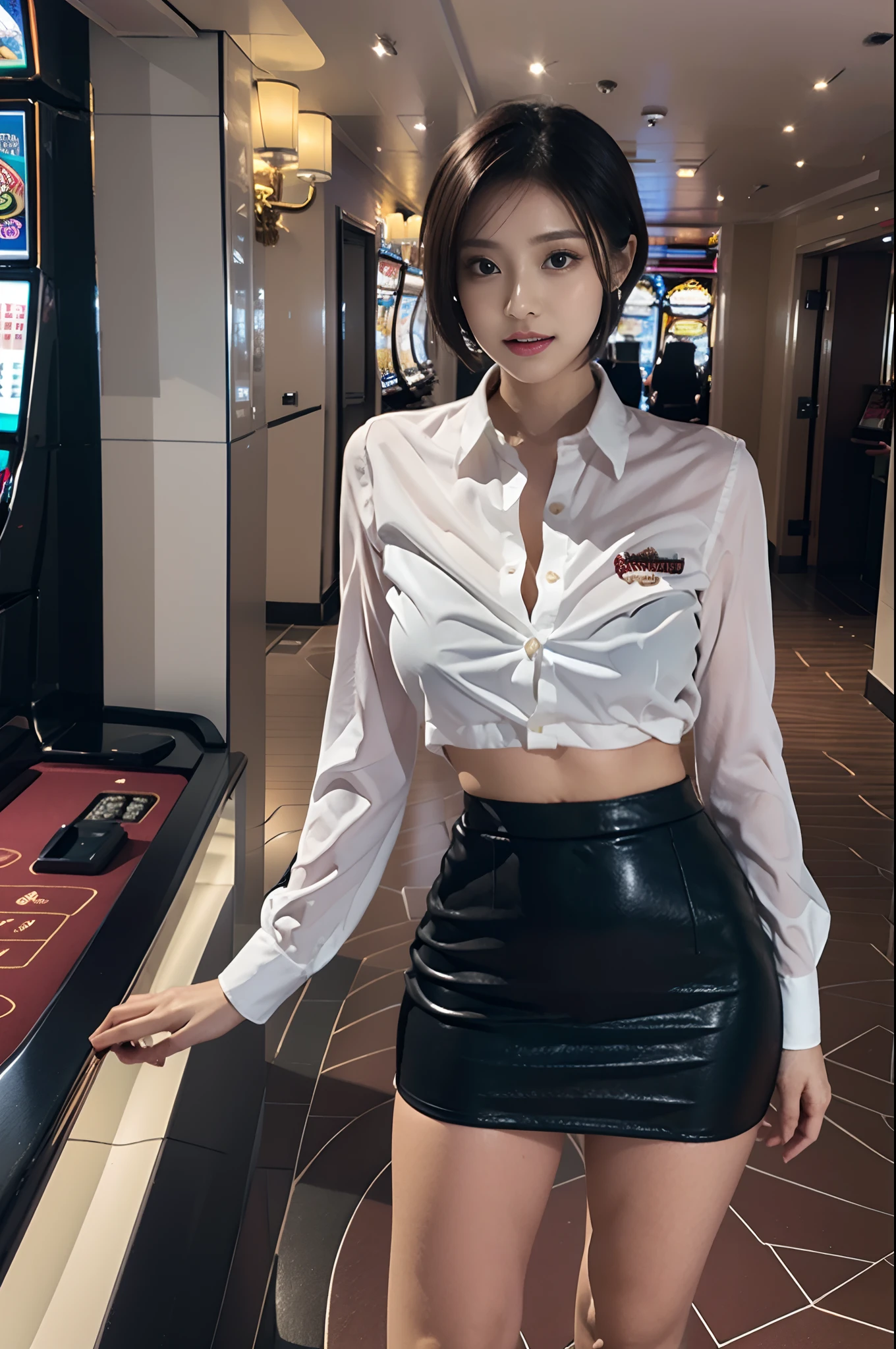 (highest quality, hight resolution, masterpiece:1.3) solo, girl, THE CASINO CROUPIER, BREAK green eyes, tsurime, pink and very short hair, large breasts, navel, detailed skin, BREAK White shirt, black short leather vest, black leather miniskirt, pencil skirt, Shallow slit, black high heels, casino