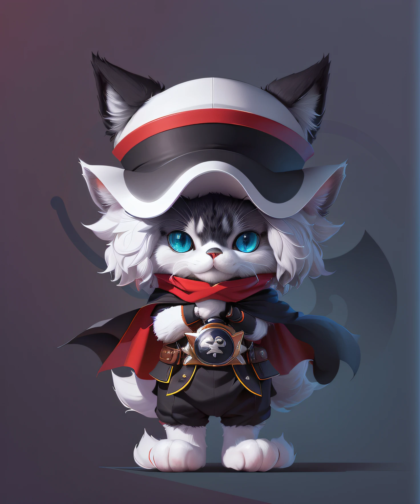 A cartoon cat with a hat and a cape, clean lineart, fox from league of legends chibi, thick vector line art, Simple lines of art, vector line art, lineart behance hd, 2d game lineart behance hd, 2d game lineart behance hd, Double Swordsman, sharp lineart, crisp 8 k line art,Shading processing,Three-view generation