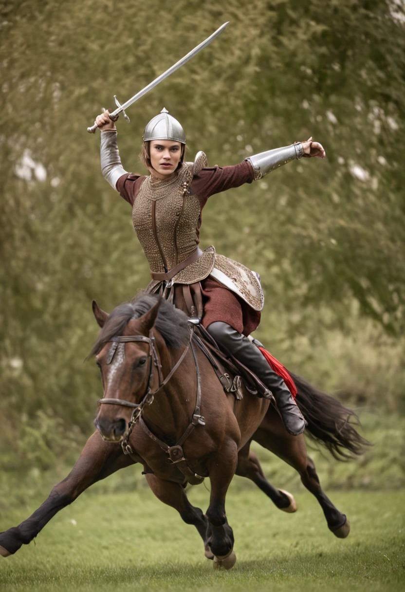 An epic action shot of the royal knight girl in battle, showcasing her agility and skill. Shot with a Canon EOS-1D X Mark III DSLR camera and a Canon EF 24-70mm f/2.8L II USM lens. The image should freeze the knight in mid-air, capturing the dynamic movement of her sword swinging through the air. The lighting should be dramatic, with strong shadows and highlights to create a sense of high energy. The color palette should be bold and vibrant, with contrasting reds and blues to represent the clash of battle. The composition should be dynamic, capturing the knight in a dynamic pose, creating a sense of anticipation and excitement. Hyper-realism, highly detailed, and high-resolution 16k