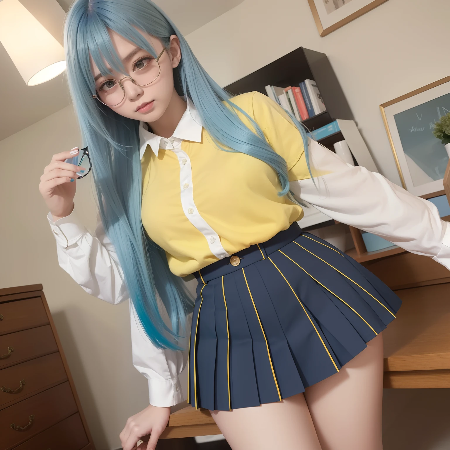 Long light yellowish blue hair,Yellow-blue with JK uniform and pleated skirt,There are green and reddish-brown ornaments as decorations,With black-framed glasses,She is a lovely intellectual beautiful girl
