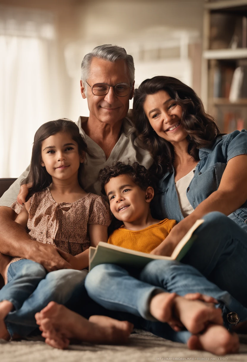 Family of readers, grandmother, grandfather, father, mother and children readers, sitting down for a family photograph