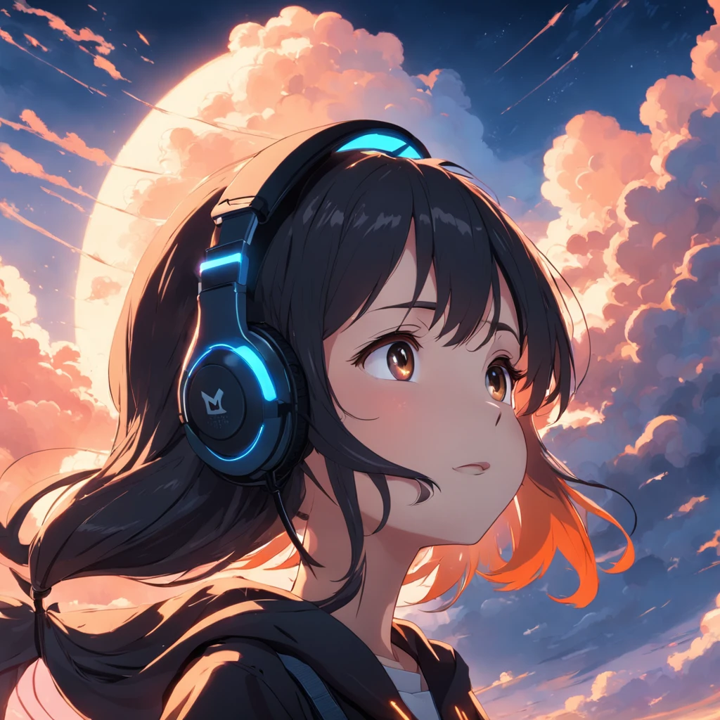 masterpiece, best quality, movie still, 1girl, cloud girl, black cap,headphone,floating in the sky, close-up, bright, happy, warm soft lighting, sunset, (sparks:0.7)
